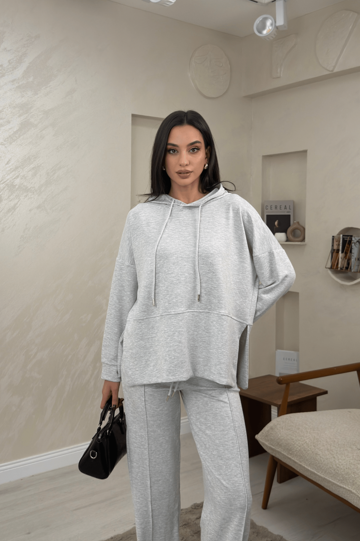 Lilith Gri Renkli Kapusonlu Genis Paca Kadin Esofman Takimi | miraylawear