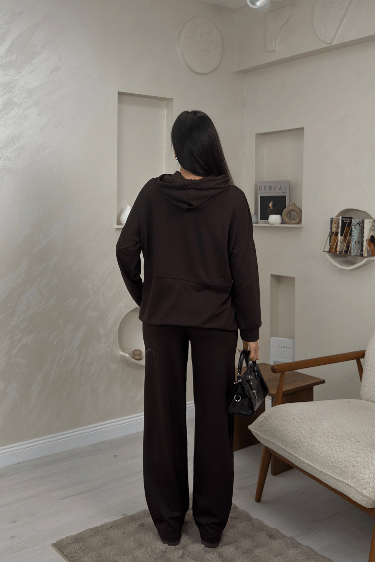 Lilith Kahve Renkli Kapusonlu Genis Paca Kadin Esofman Takimi | miraylawear