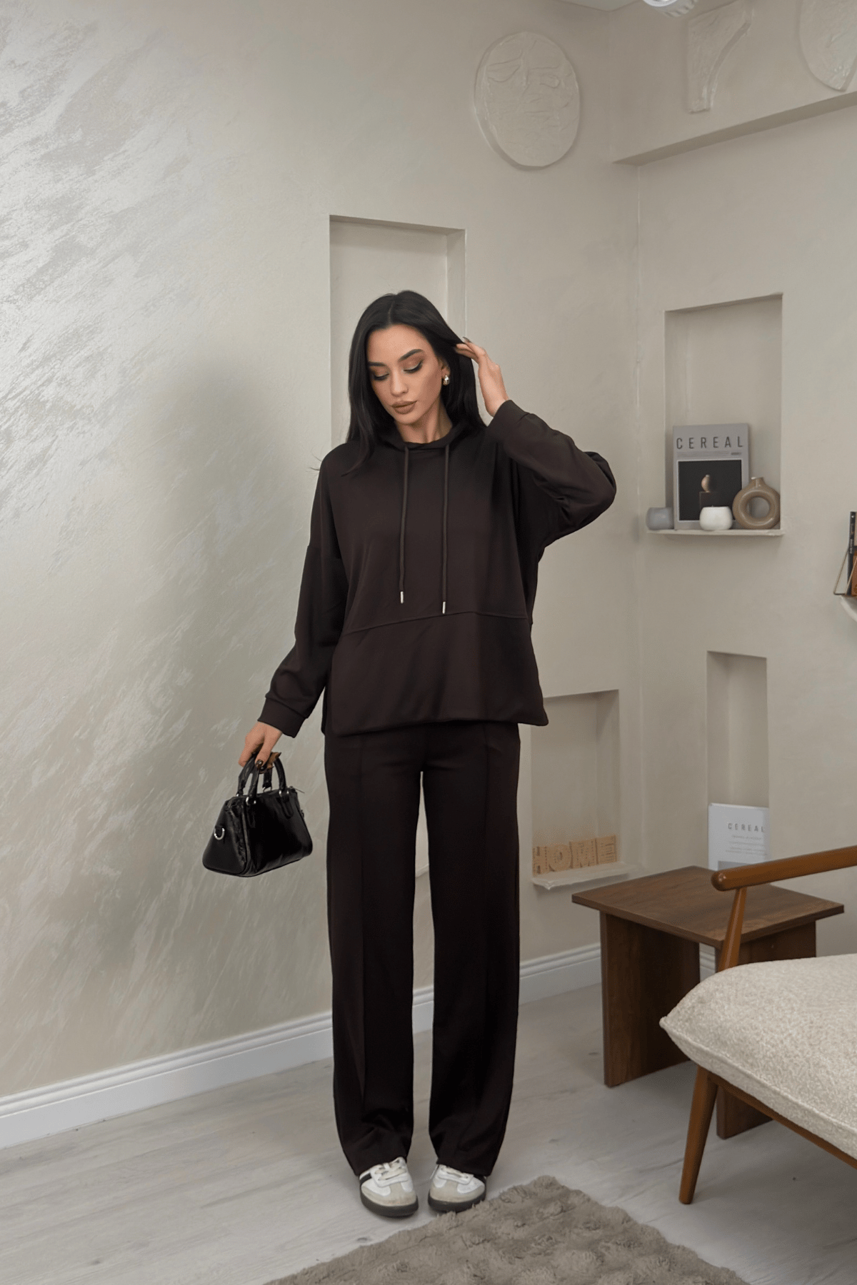 Lilith Kahve Renkli Kapusonlu Genis Paca Kadin Esofman Takimi | miraylawear