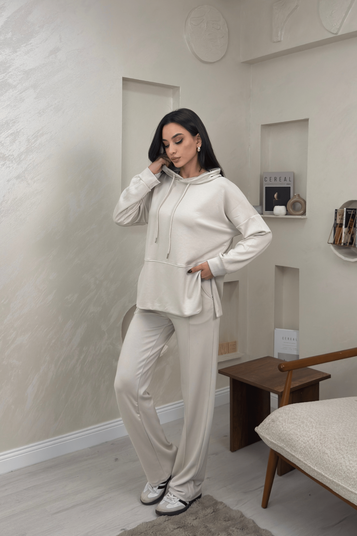 Lilith Krem Renkli Kapusonlu Genis Paca Kadin Esofman Takimi | miraylawear