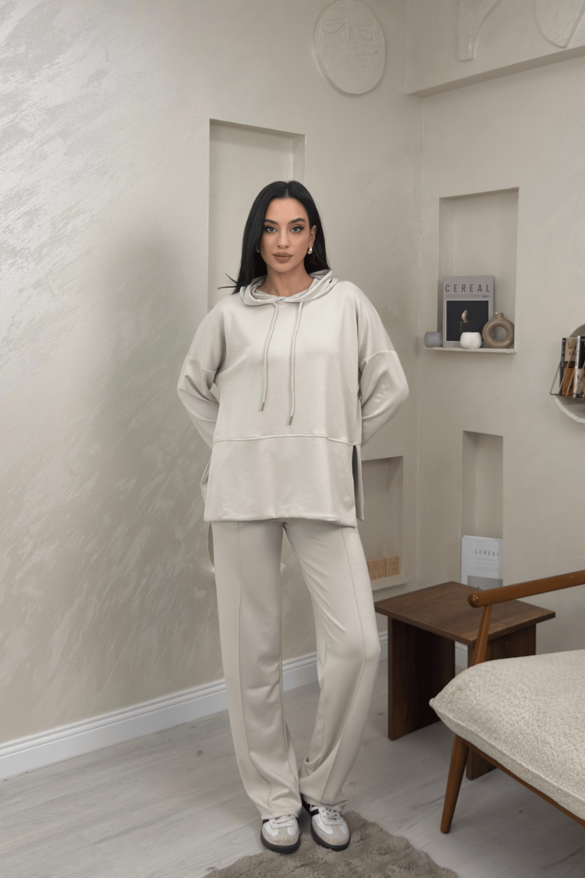 Lilith Krem Renkli Kapusonlu Genis Paca Kadin Esofman Takimi | miraylawear