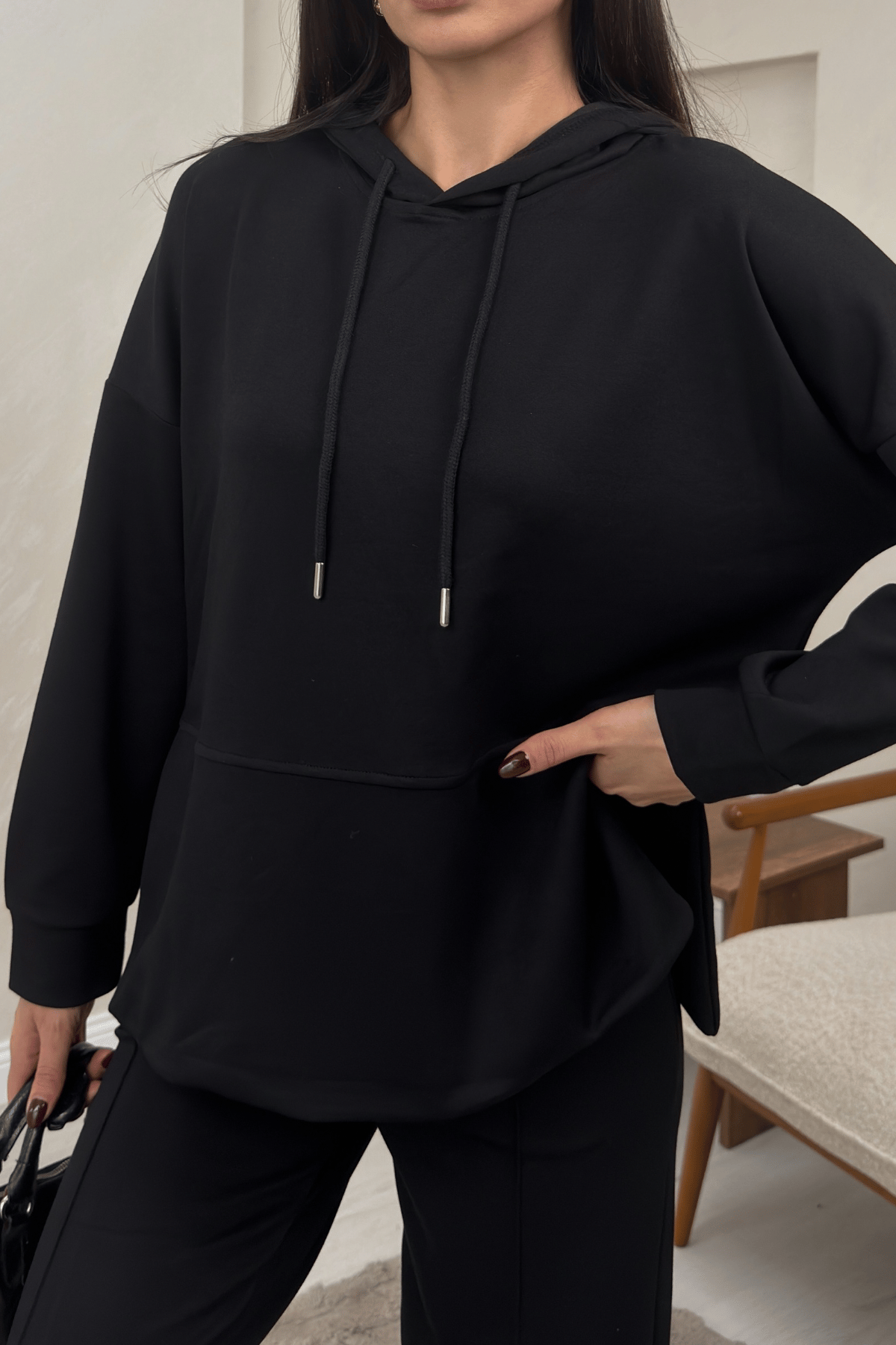 Lilith Siyah Renkli Kapusonlu Genis Paca Kadin Esofman Takimi | miraylawear