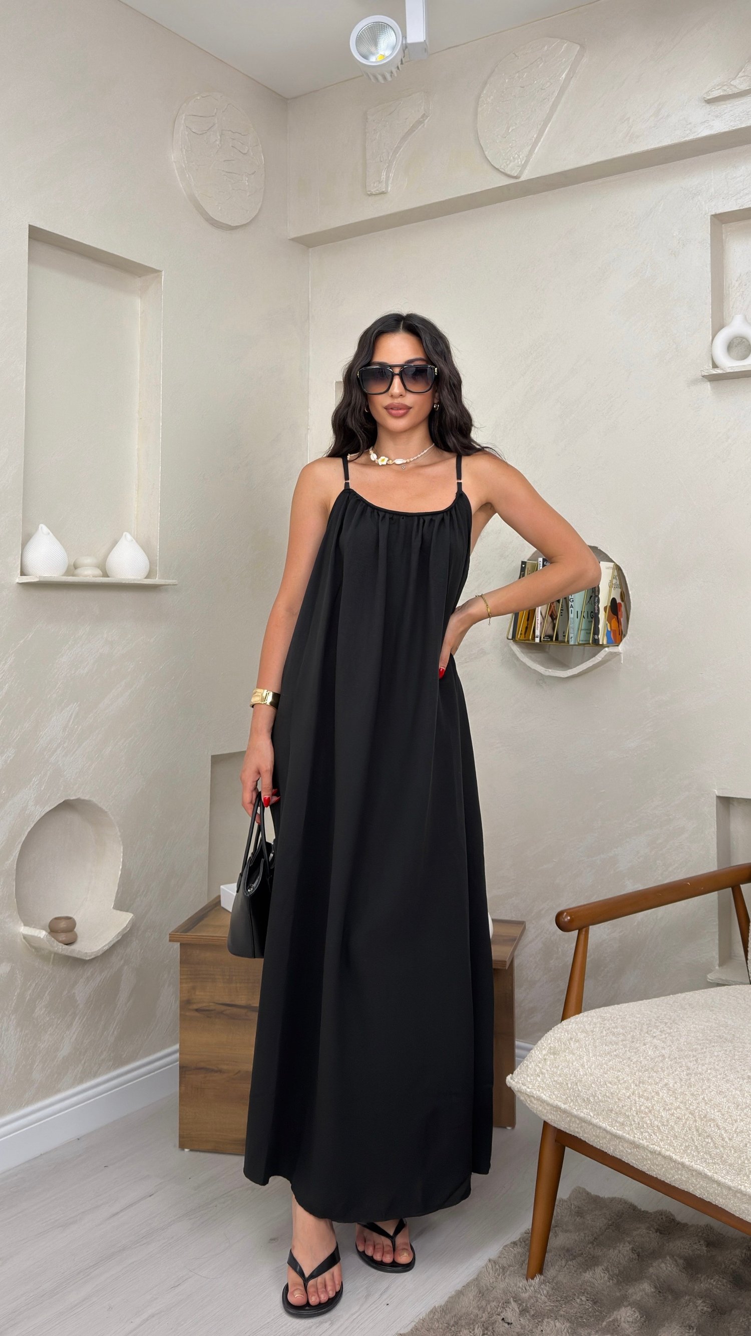 LUNA SİYAH RENKLİ ASKILI SALAS KADIN MAXİ ELBİSE