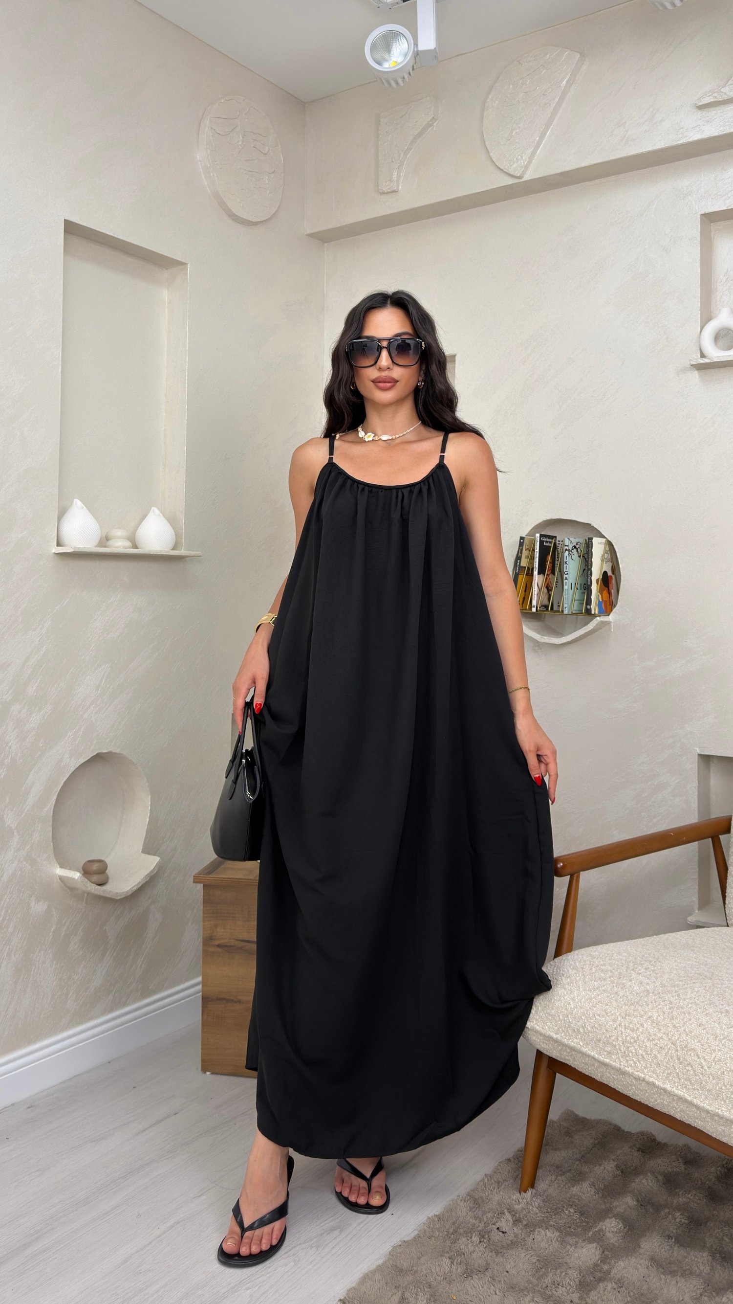 LUNA SİYAH RENKLİ ASKILI SALAS KADIN MAXİ ELBİSE