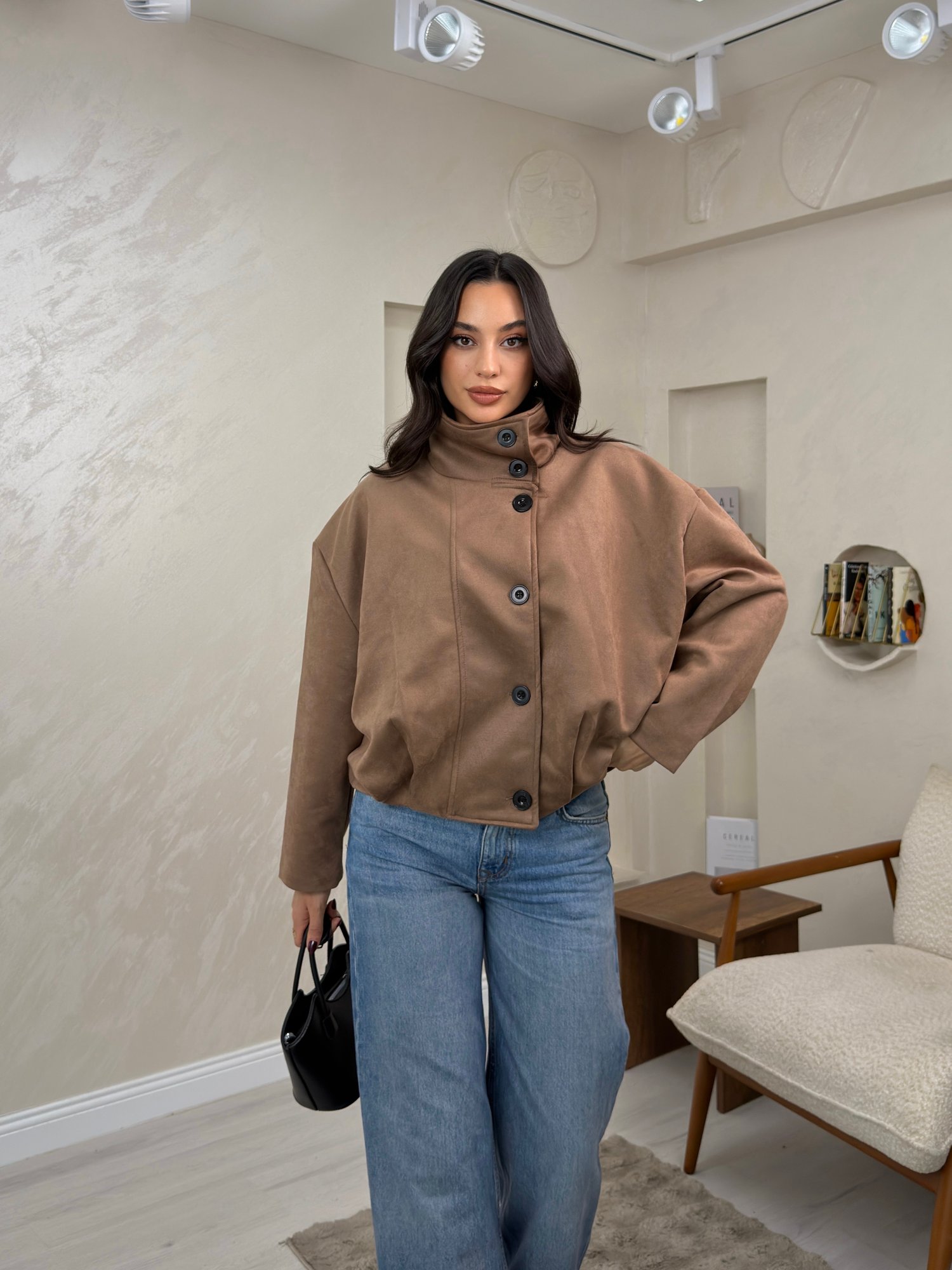 Merina Camel Renkli Dik Yaka Düğmeli Kadın Mont | miraylawear