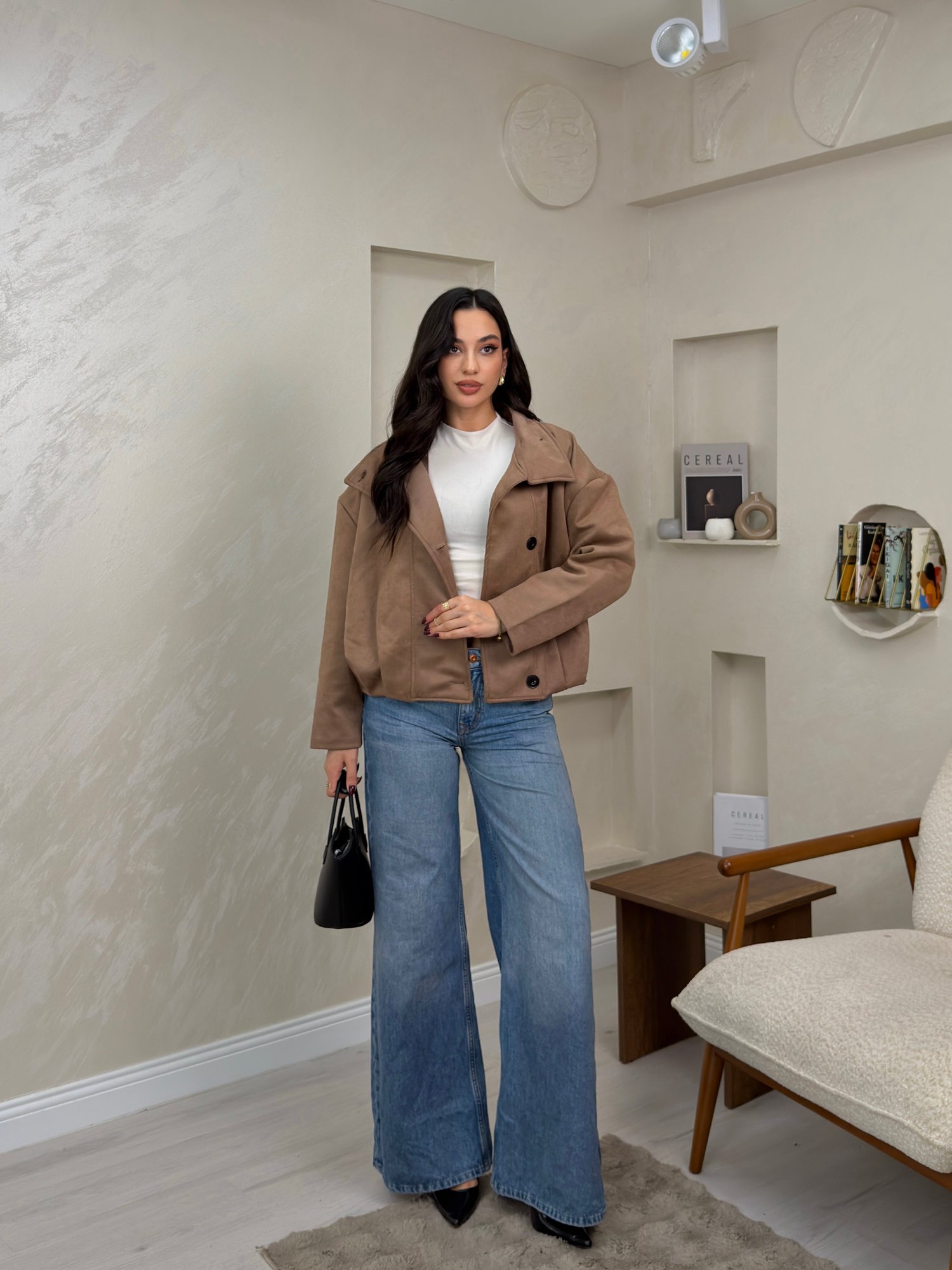 Merina Camel Renkli Dik Yaka Düğmeli Kadın Mont | miraylawear