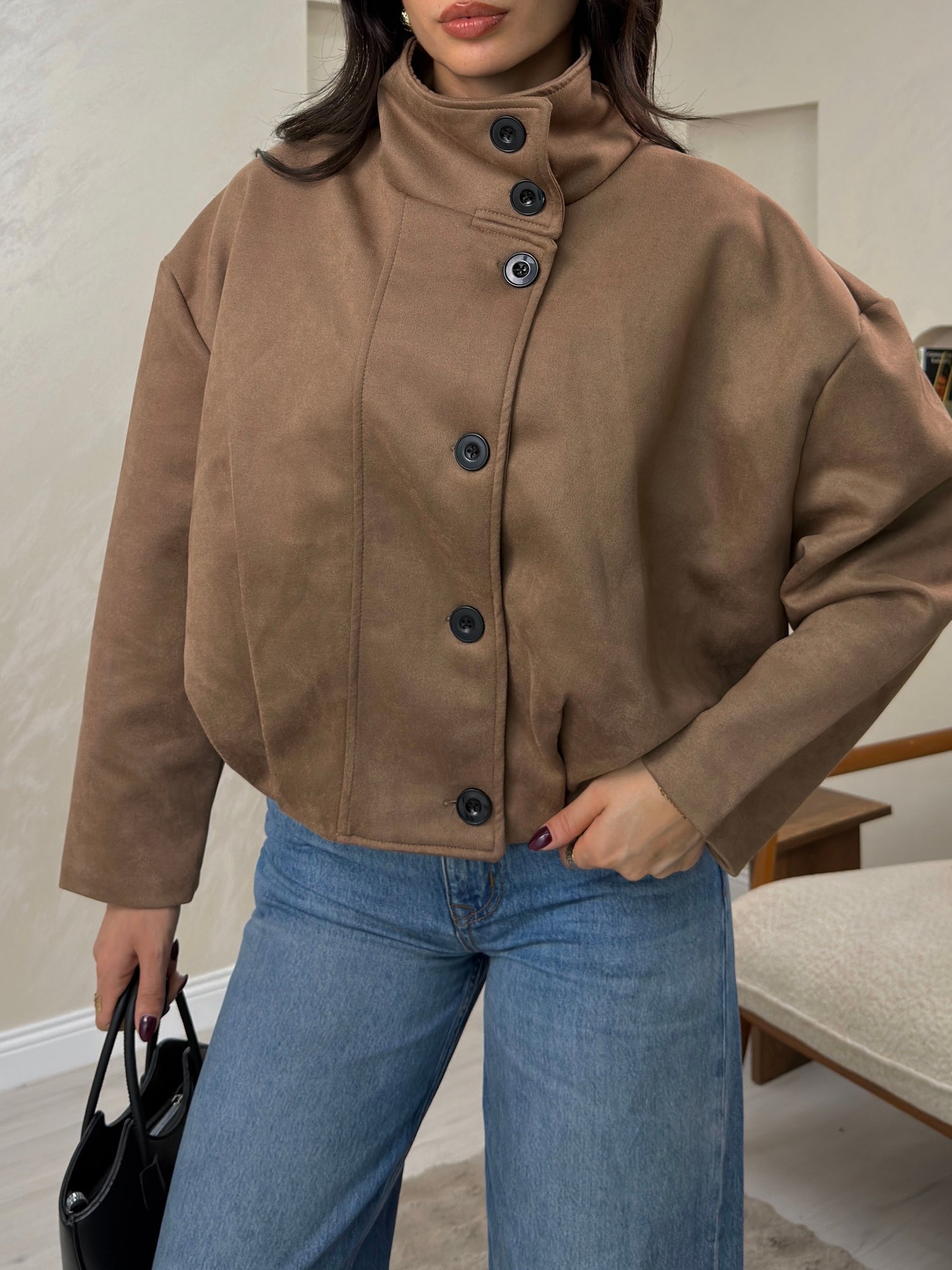 Merina Camel Renkli Dik Yaka Düğmeli Kadın Mont | miraylawear