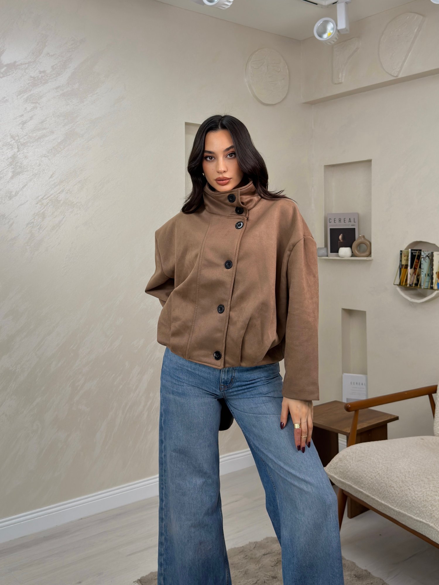 Merina Camel Renkli Dik Yaka Düğmeli Kadın Mont | miraylawear