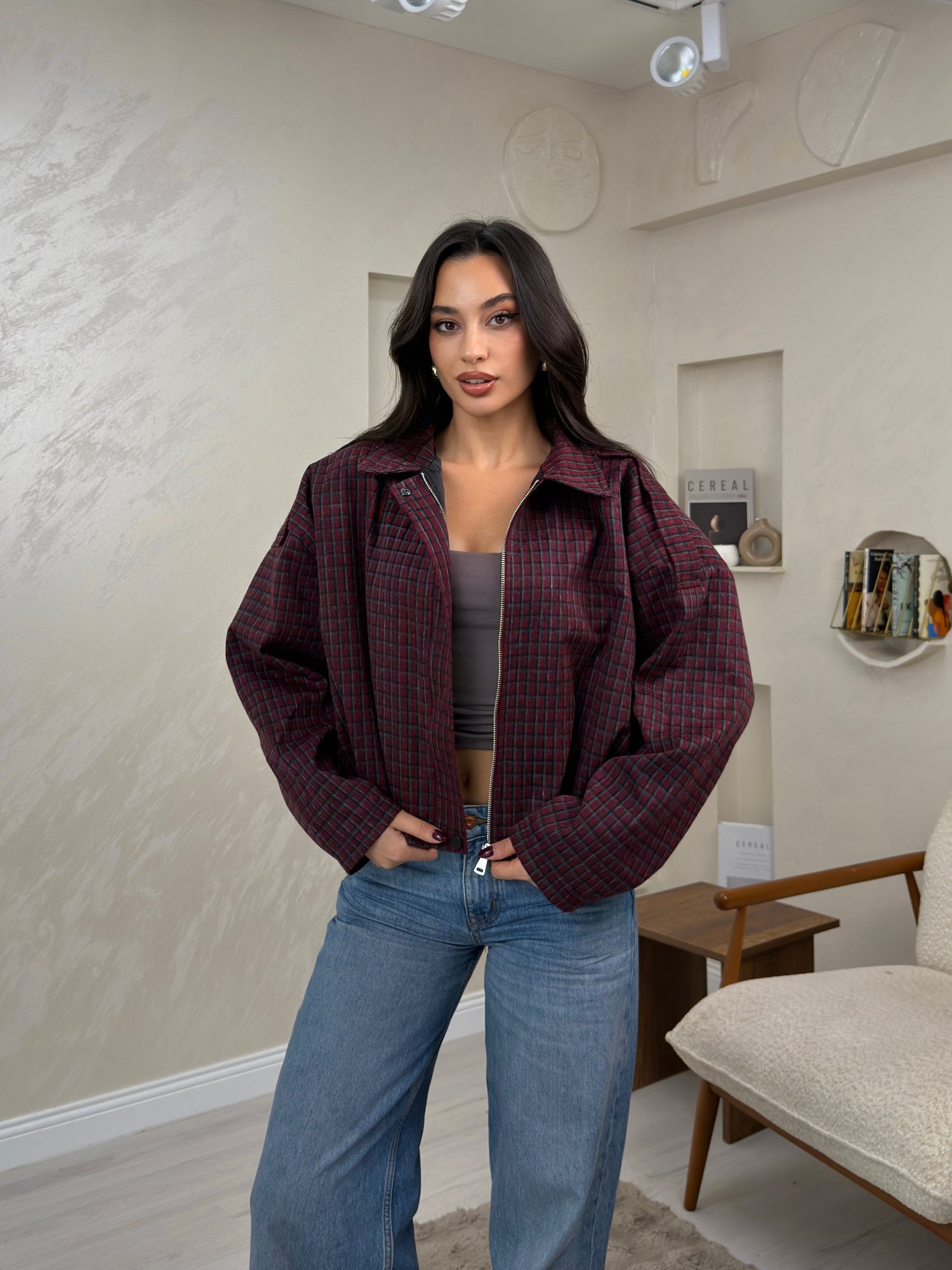 Mia Bordo Renkli Ekose Desenli Fermuarlı Kadın Mont | miraylawear