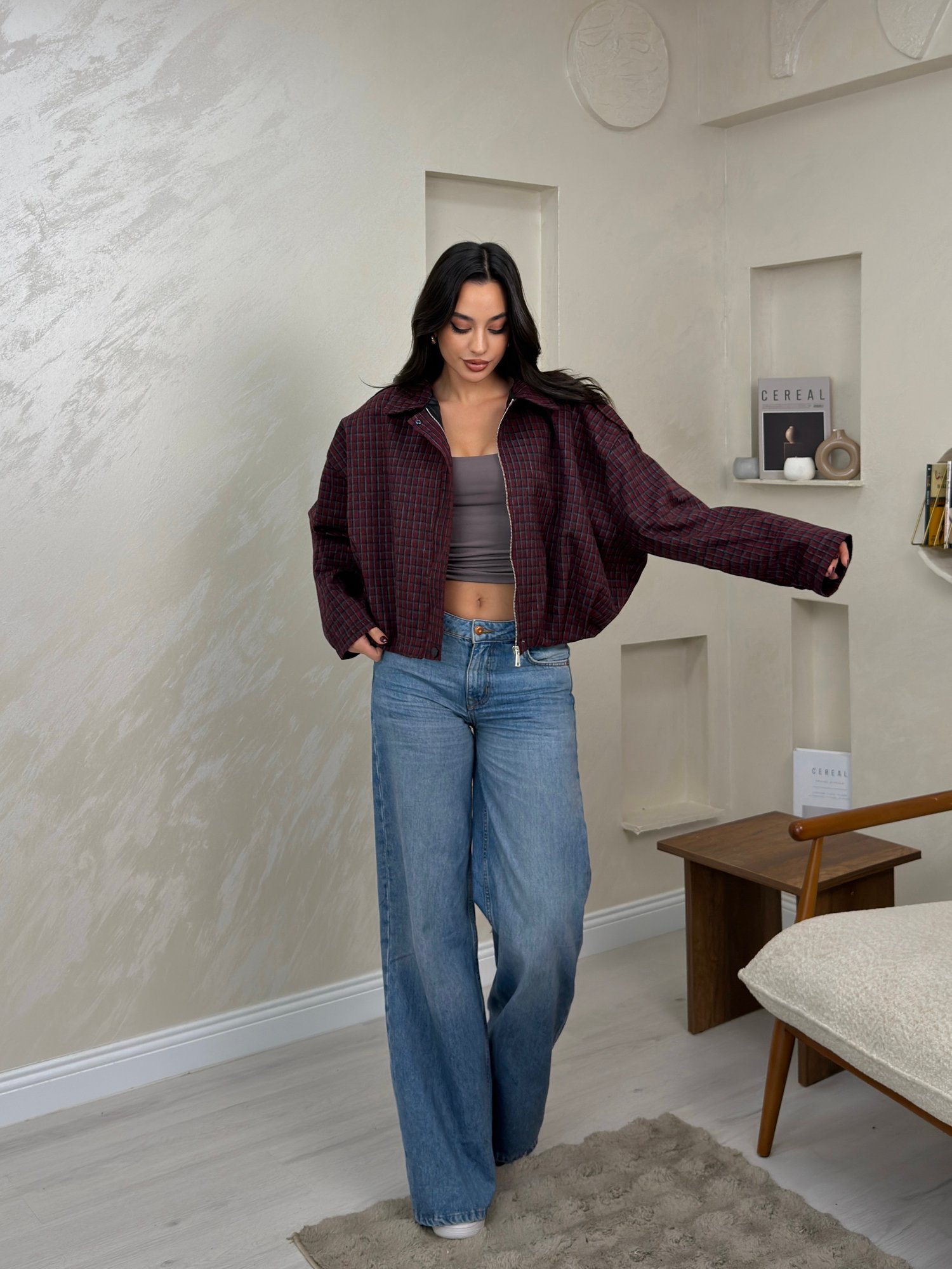 Mia Bordo Renkli Ekose Desenli Fermuarlı Kadın Mont | miraylawear