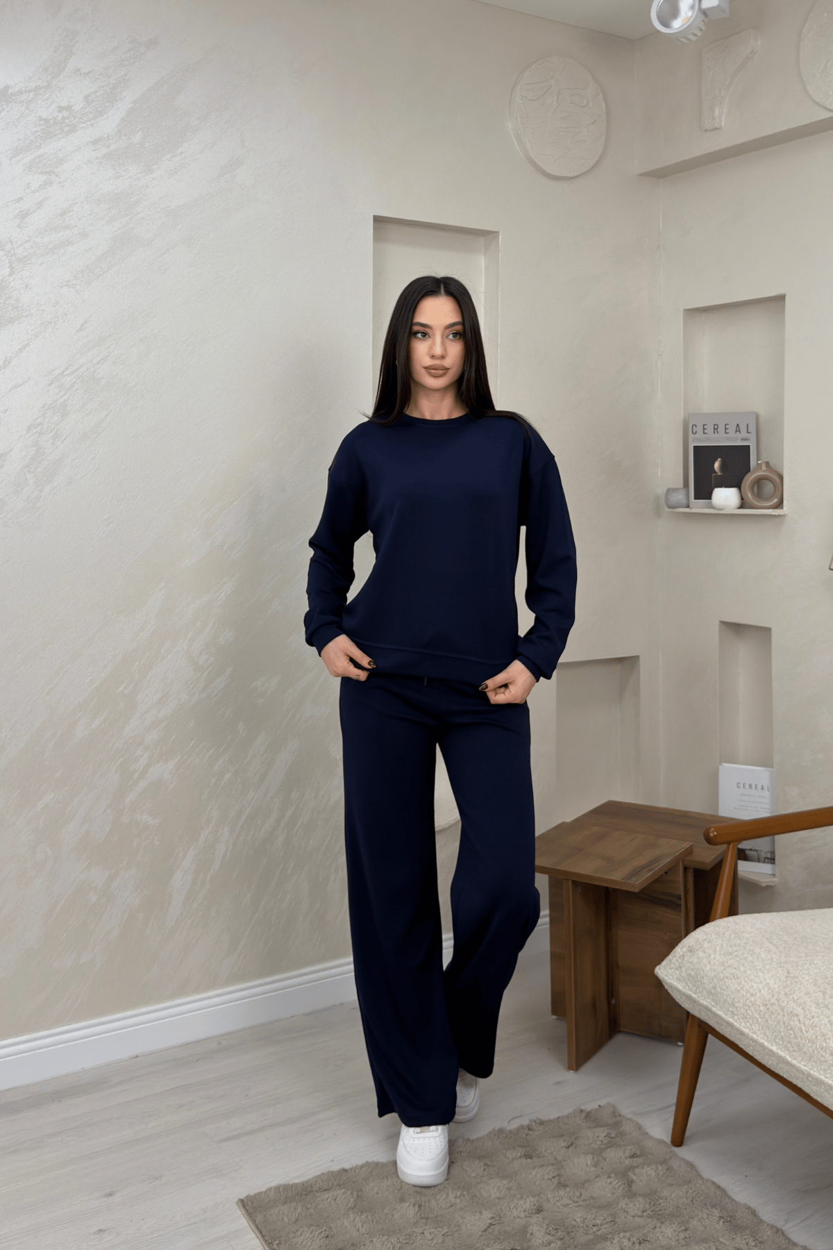Misty Lacivert Renkli Bisiklet Yaka Bol Paca Kadın Alt Üst Takım | miraylawear