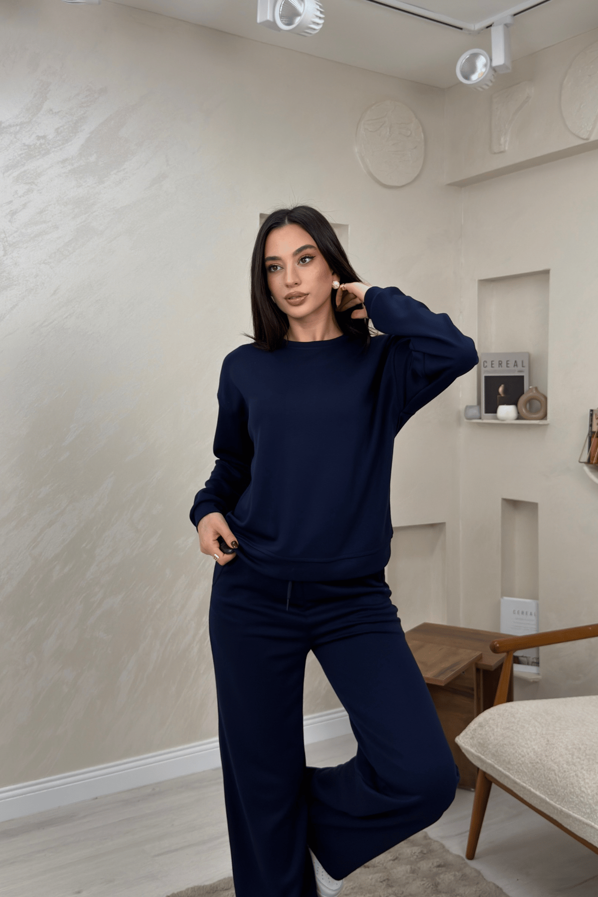 Misty Lacivert Renkli Bisiklet Yaka Bol Paca Kadın Alt Üst Takım | miraylawear