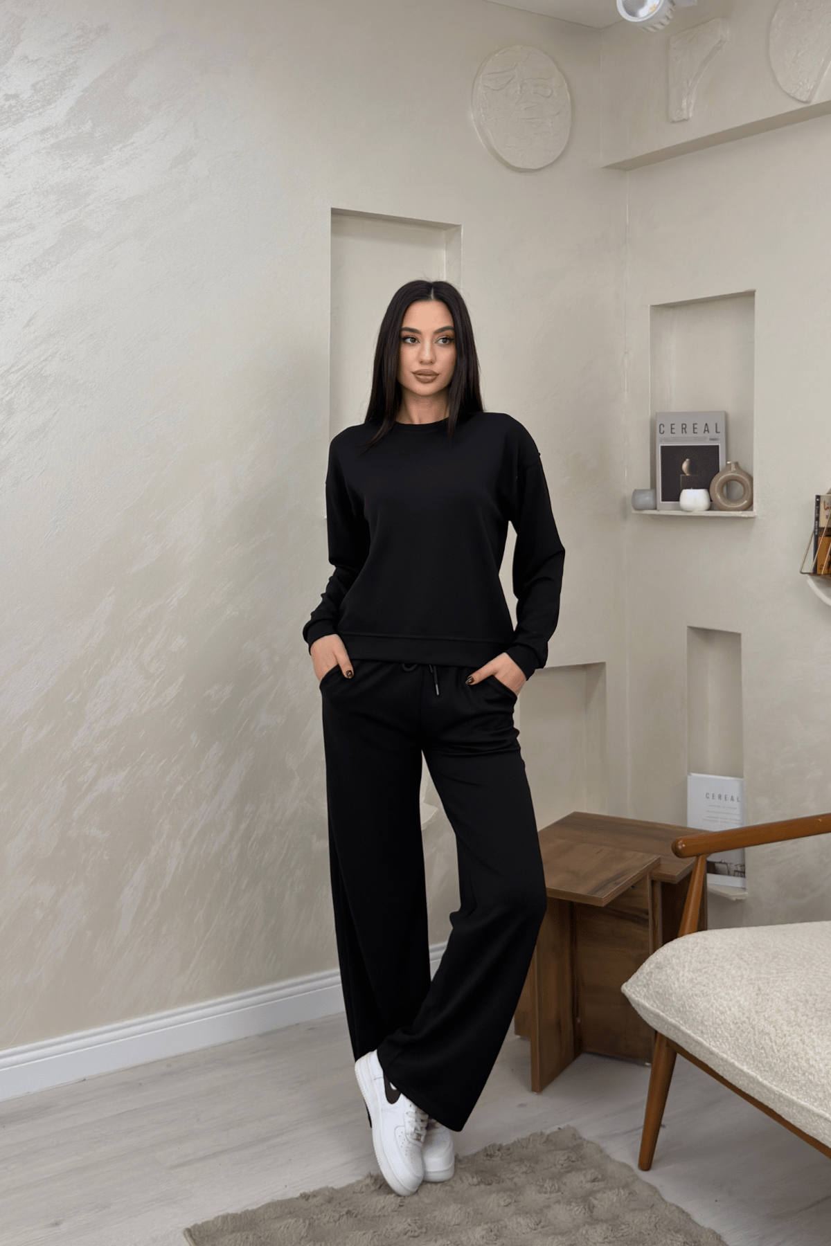 Misty Siyah Renkli Bisiklet Yaka Bol Paca Kadın Alt Üst Takım | miraylawear