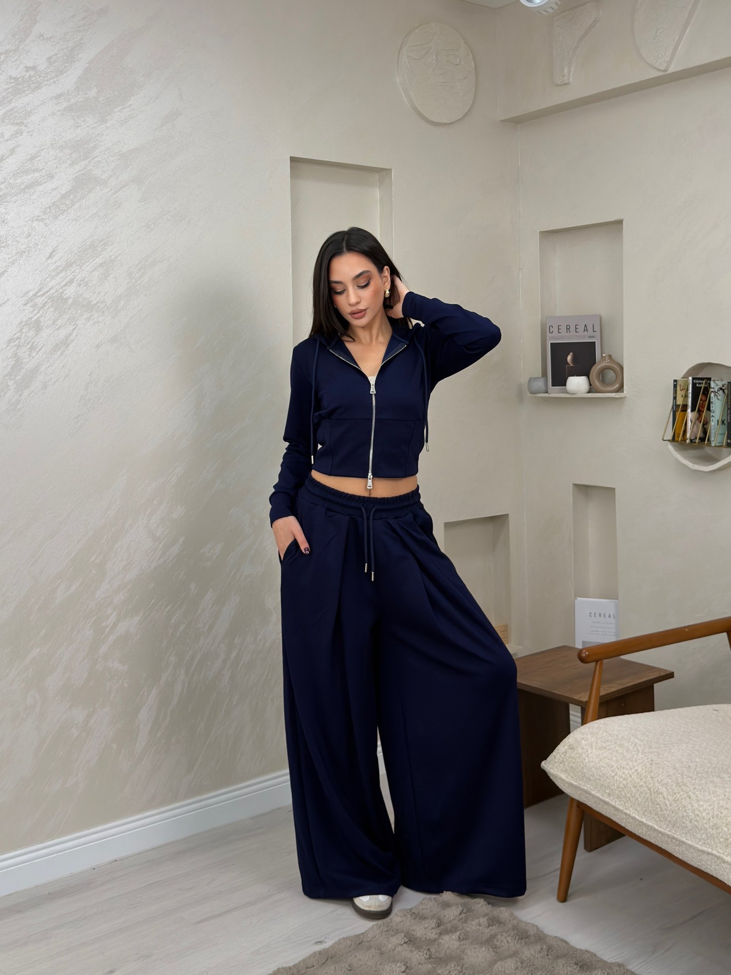 Paloma Lacivert Renkli Kapüşonlu Fermuarlı Bol Paça Kadın Alt - Üst Takım | miraylawear