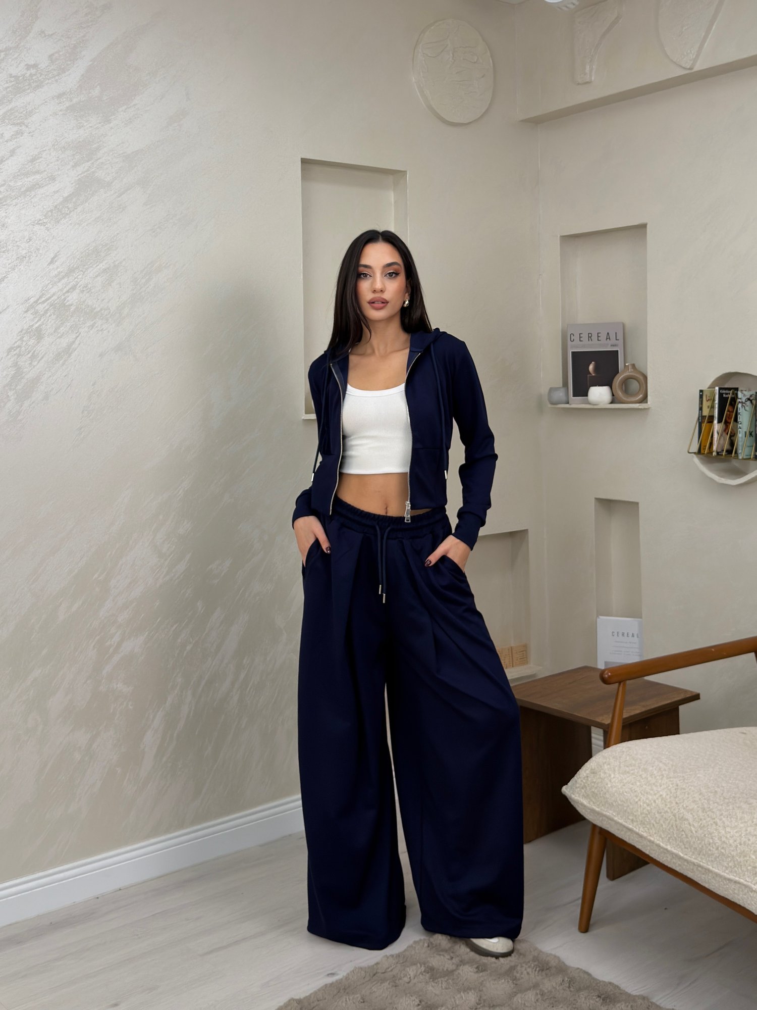 Paloma Lacivert Renkli Kapüşonlu Fermuarlı Bol Paça Kadın Alt - Üst Takım | miraylawear