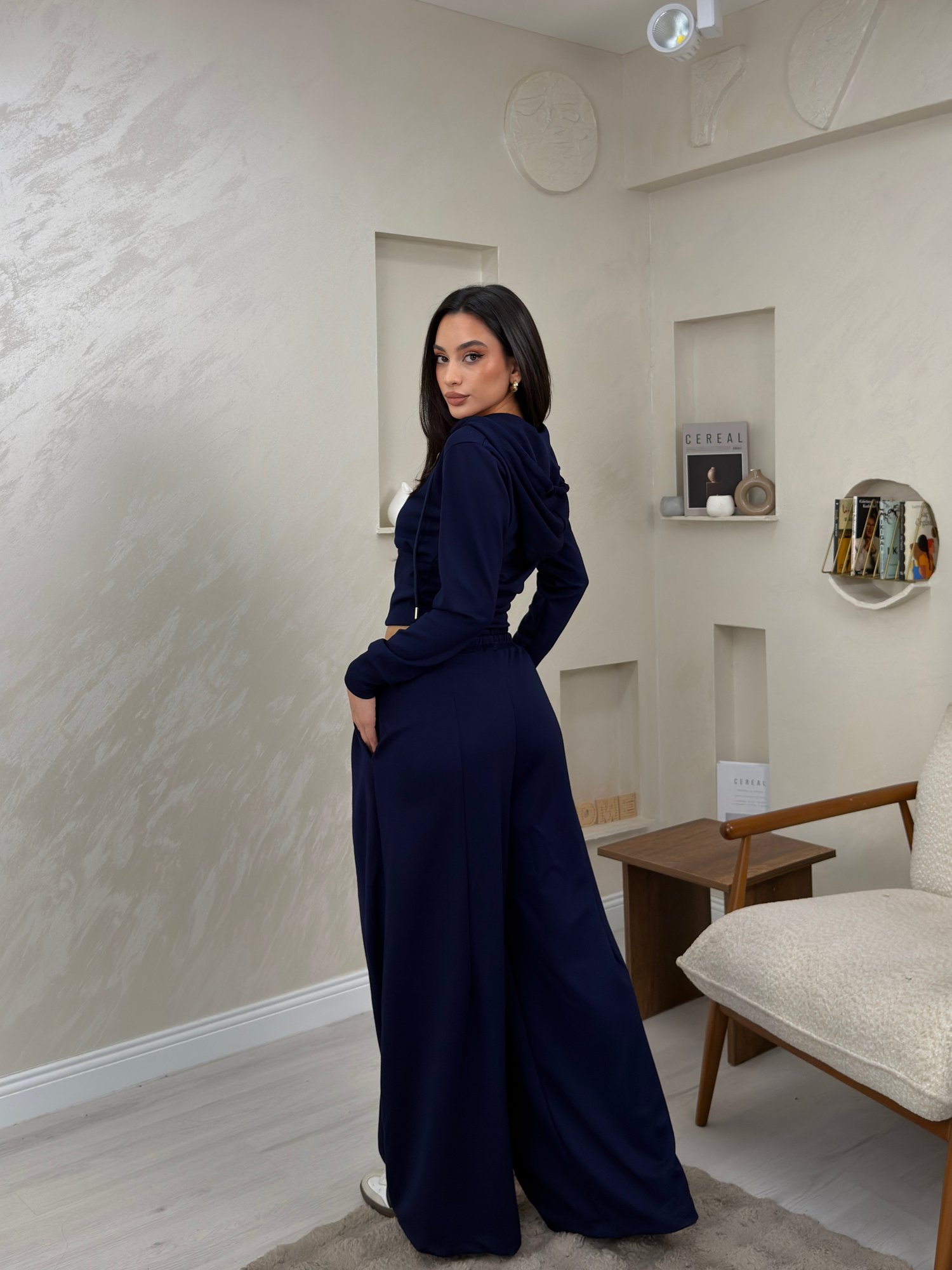 Paloma Lacivert Renkli Kapüşonlu Fermuarlı Bol Paça Kadın Alt - Üst Takım | miraylawear