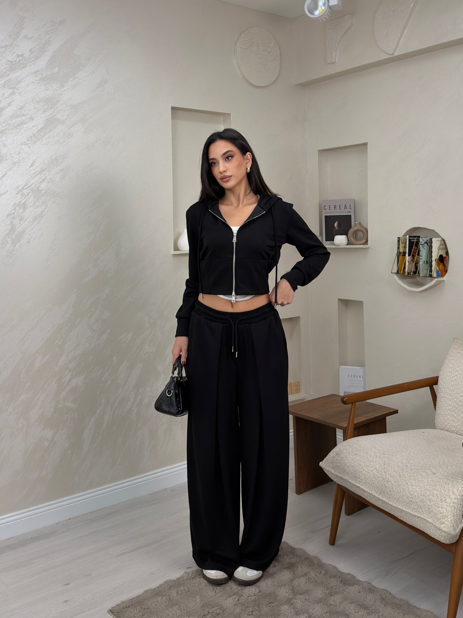 Paloma Siyah Renkli Kapüşonlu Fermuarlı Bol Paça Kadın Alt - Üst Takım | miraylawear