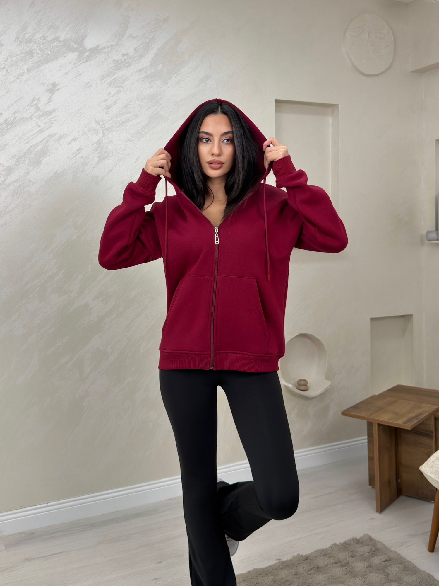 Rhonda Bordo Renkli Fermuarlı Kadın Kapşonlu Sweatshirt | miraylawear