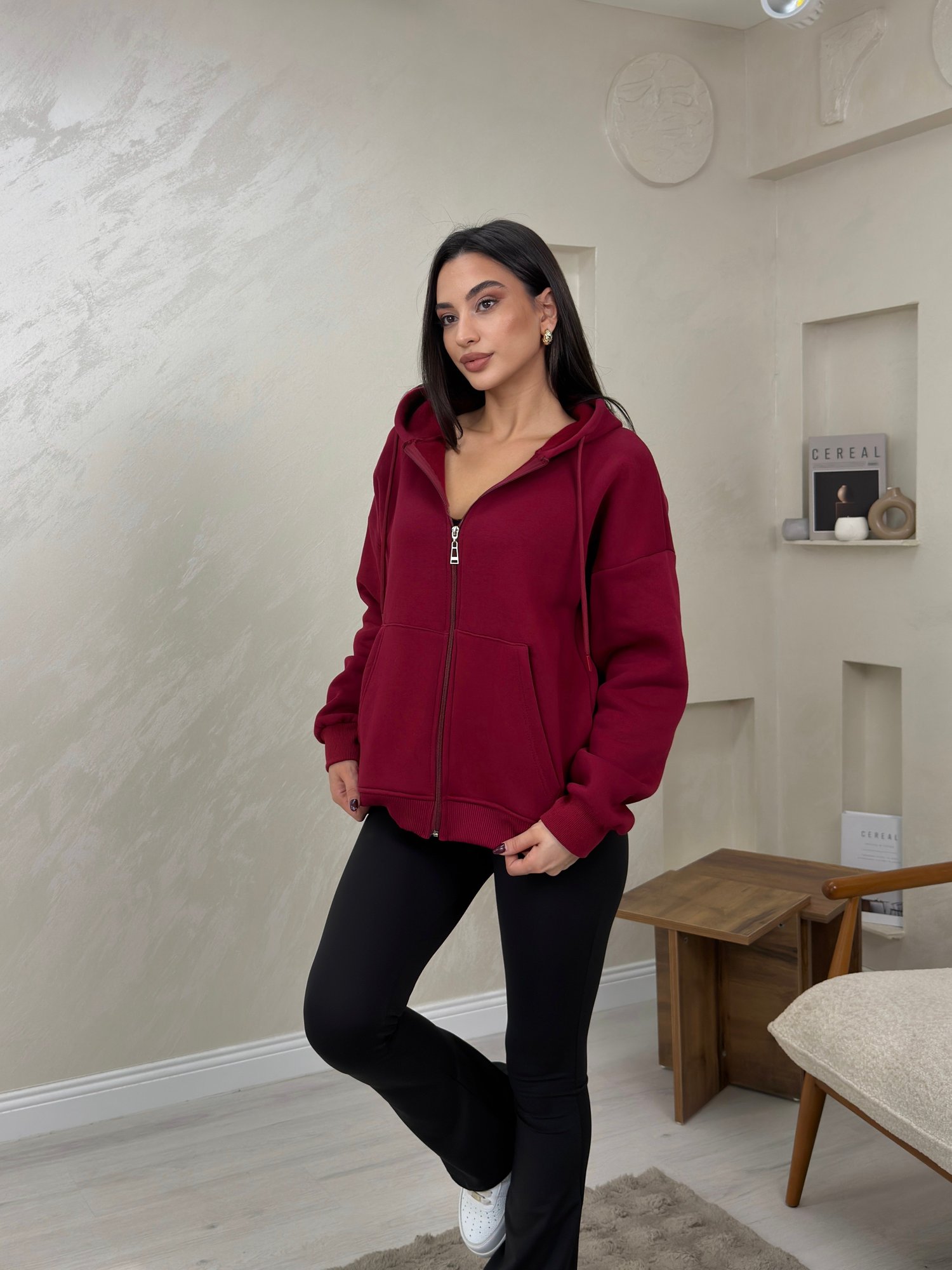 Rhonda Bordo Renkli Fermuarlı Kadın Kapşonlu Sweatshirt | miraylawear