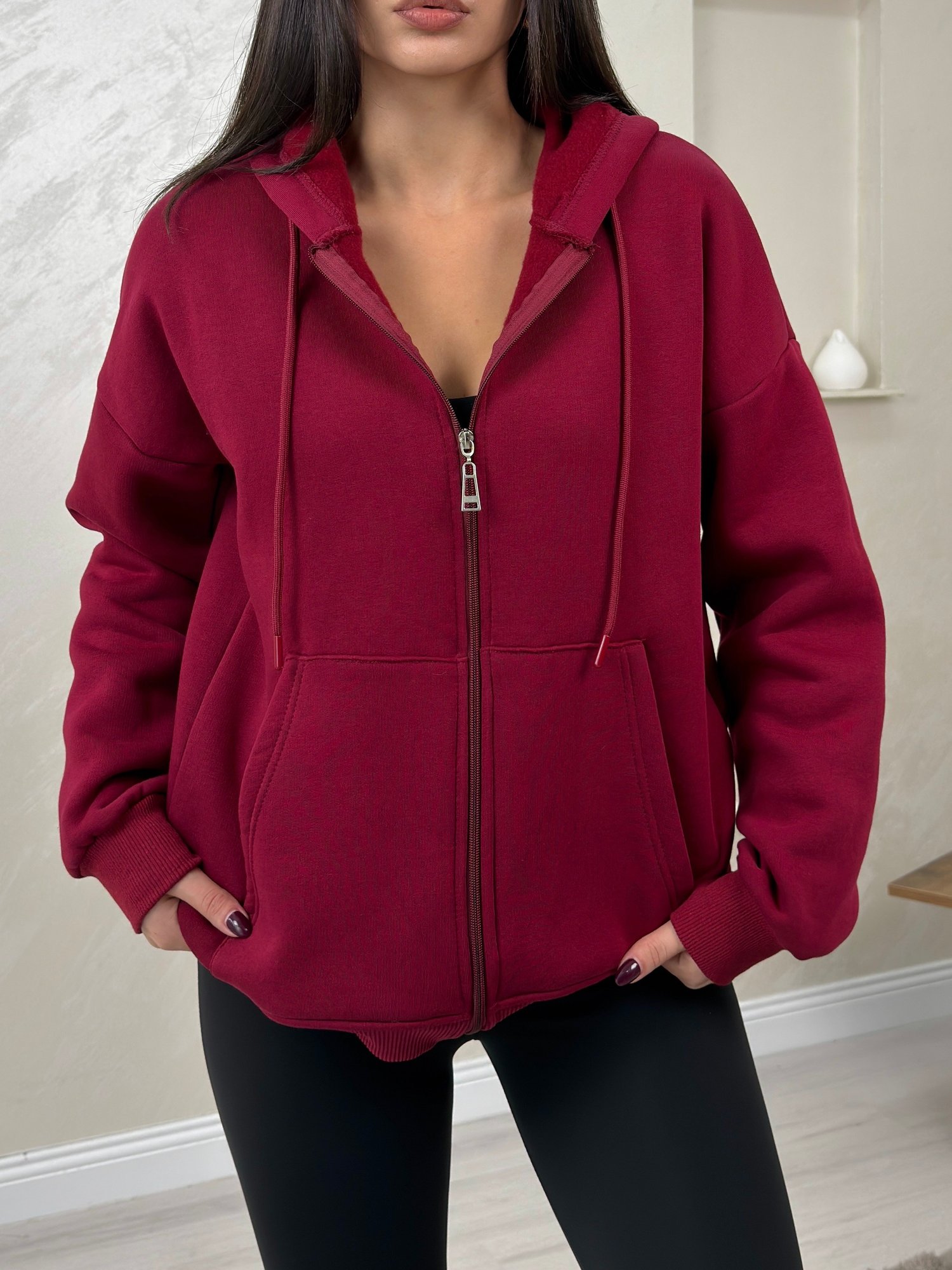 Rhonda Bordo Renkli Fermuarlı Kadın Kapşonlu Sweatshirt | miraylawear