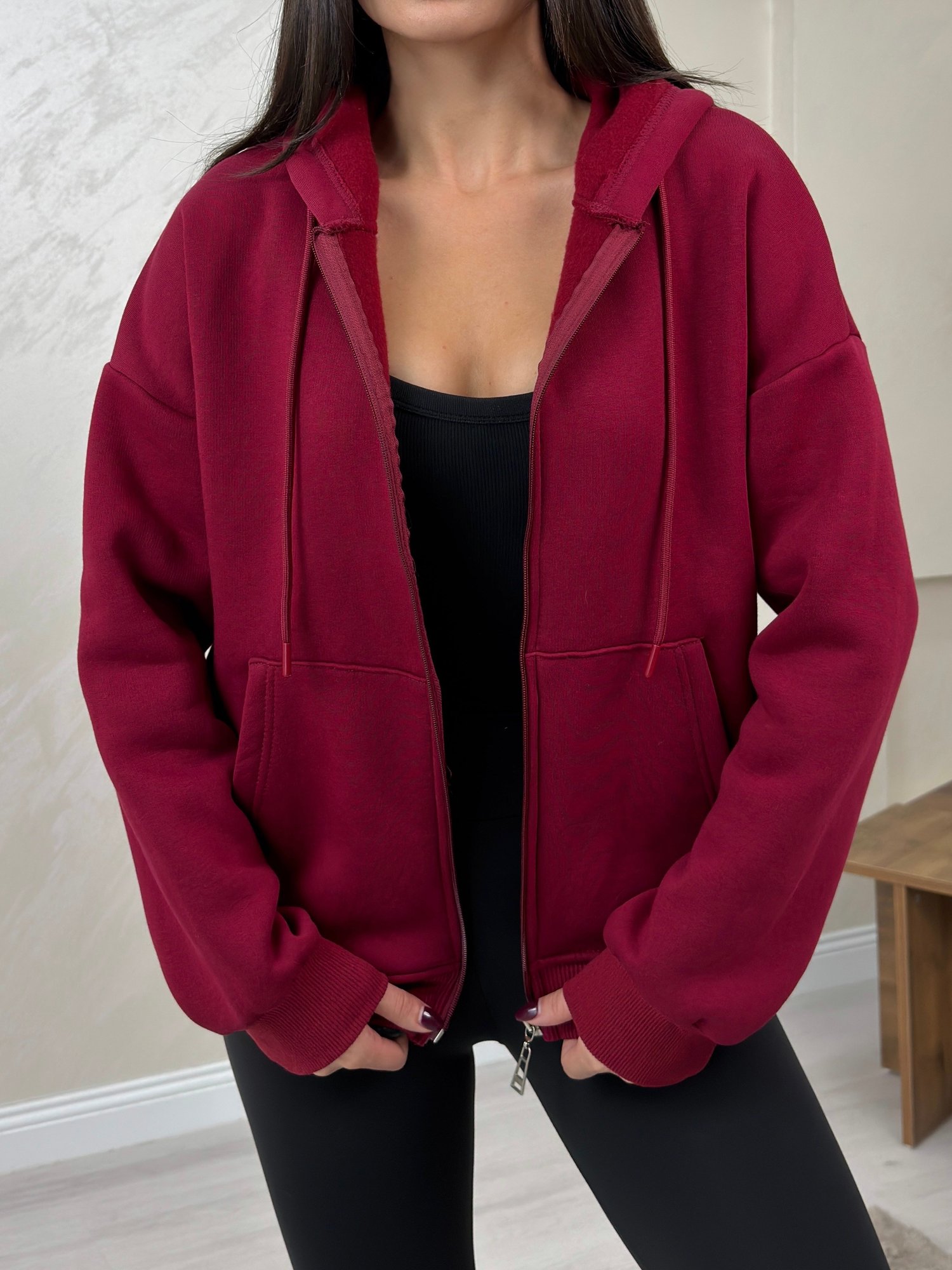 Rhonda Bordo Renkli Fermuarlı Kadın Kapşonlu Sweatshirt | miraylawear