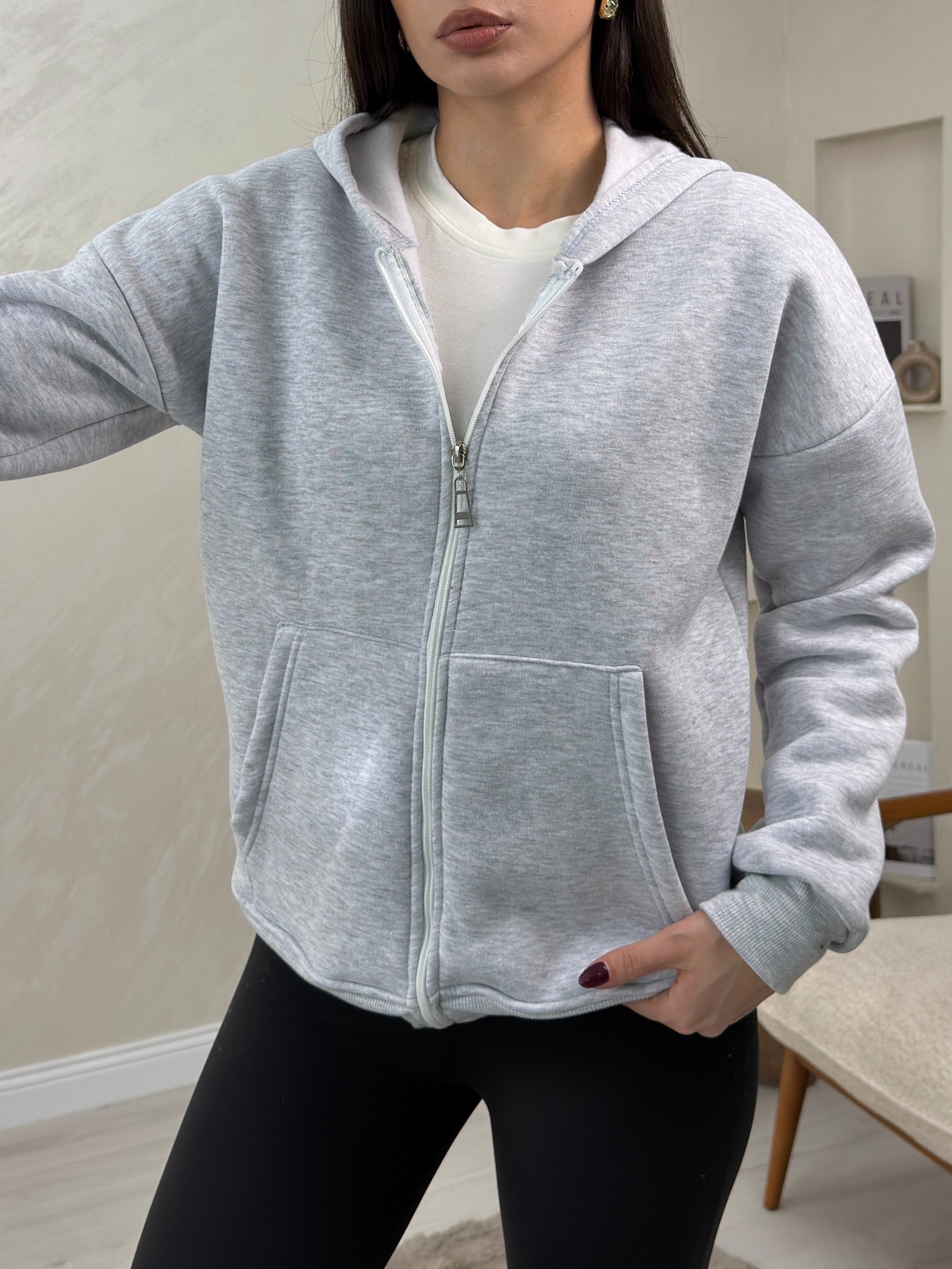 Rhonda Gri Renkli Fermuarlı Kadın Kapşonlu Sweatshirt | miraylawear