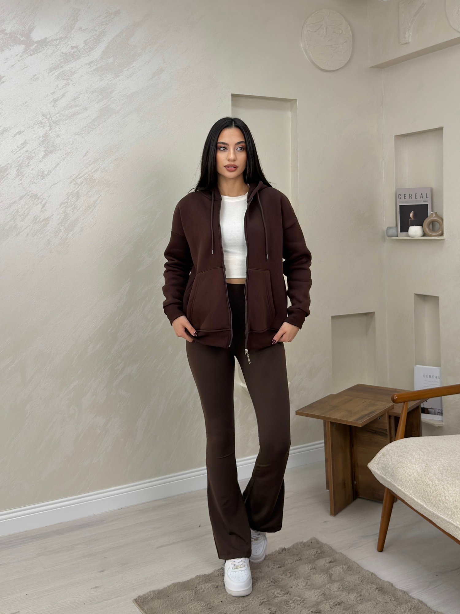 Rhonda Kahve Renkli Fermuarlı Kadın Kapşonlu Sweatshirt | miraylawear
