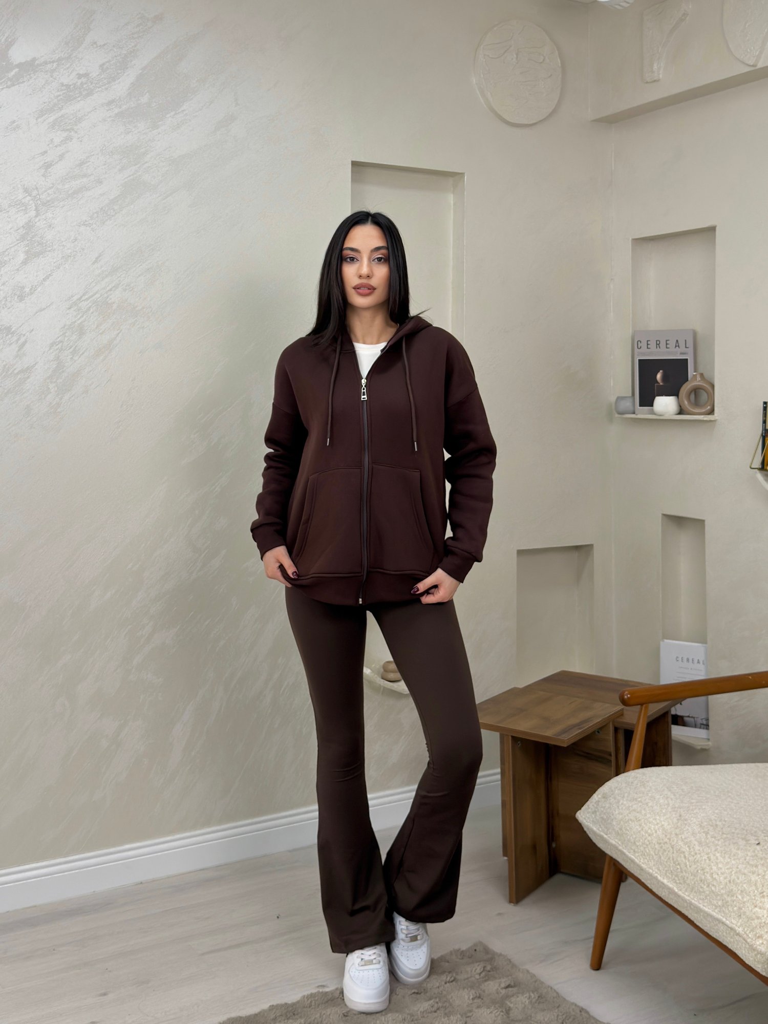 Rhonda Kahve Renkli Fermuarlı Kadın Kapşonlu Sweatshirt | miraylawear
