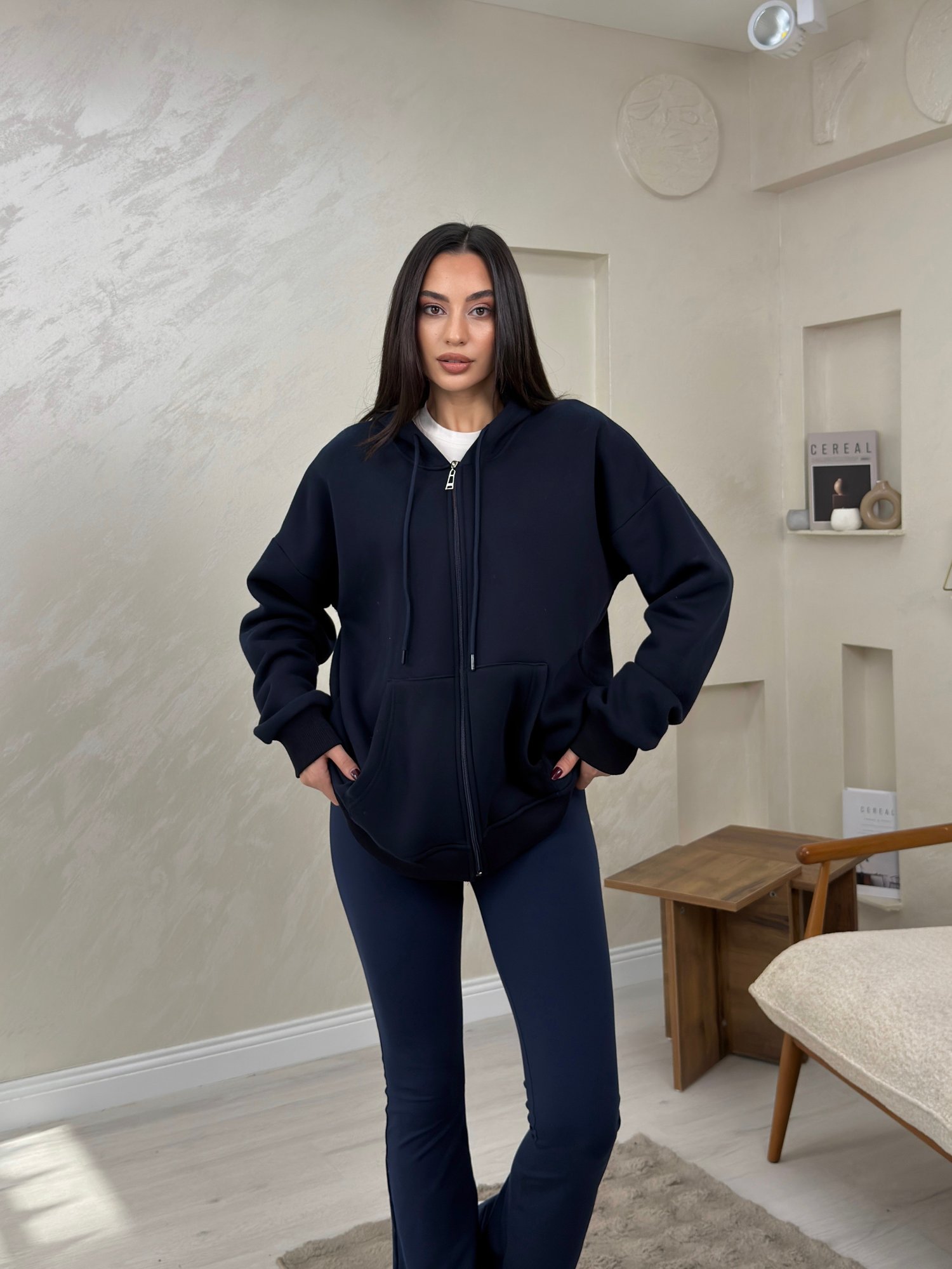 Rhonda Lacivert Renkli Fermuarlı Kadın Kapşonlu Sweatshirt | miraylawear