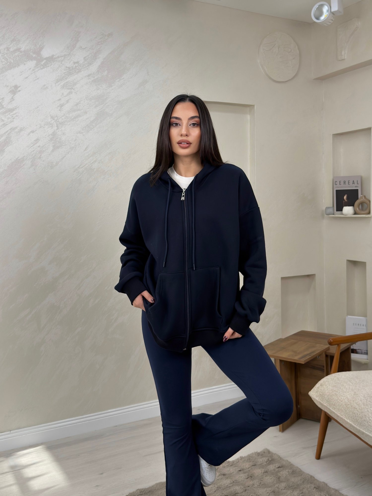 Rhonda Lacivert Renkli Fermuarlı Kadın Kapşonlu Sweatshirt | miraylawear