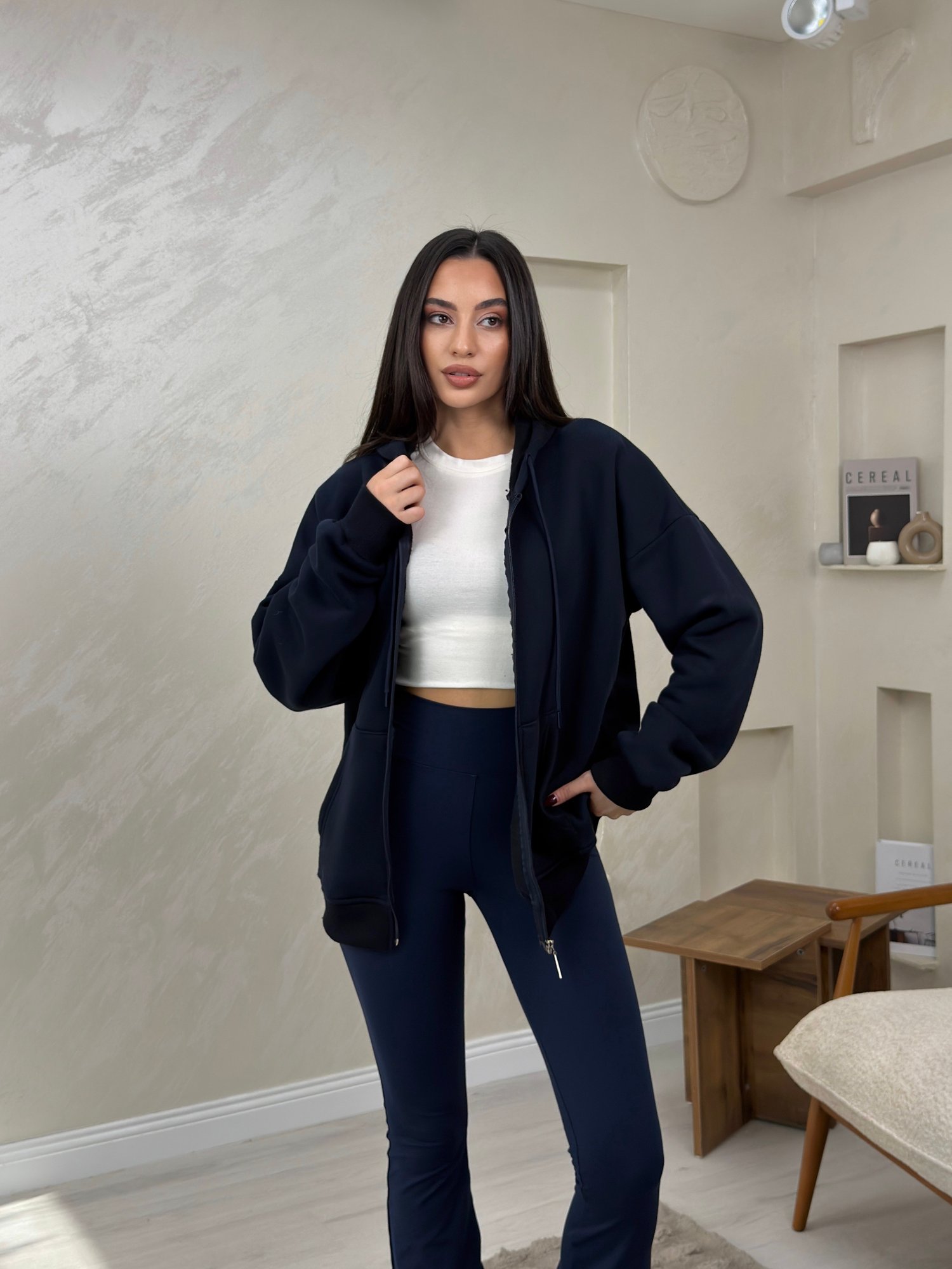 Rhonda Lacivert Renkli Fermuarlı Kadın Kapşonlu Sweatshirt | miraylawear