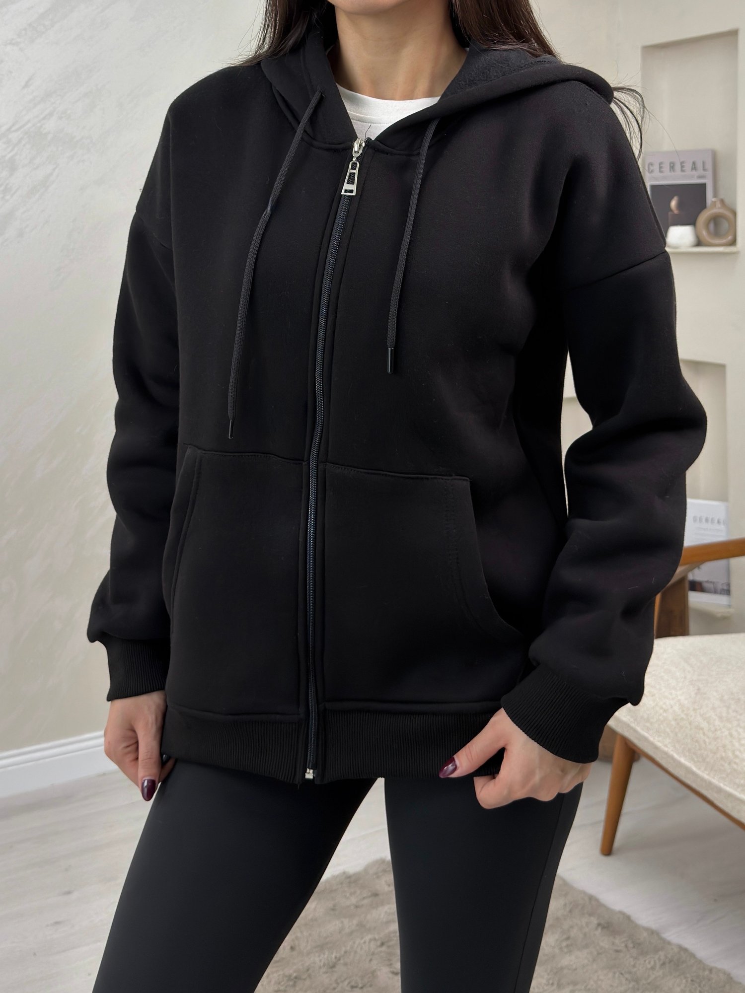 Rhonda Siyah Renkli Fermuarlı Kadın Kapşonlu Sweatshirt | miraylawear