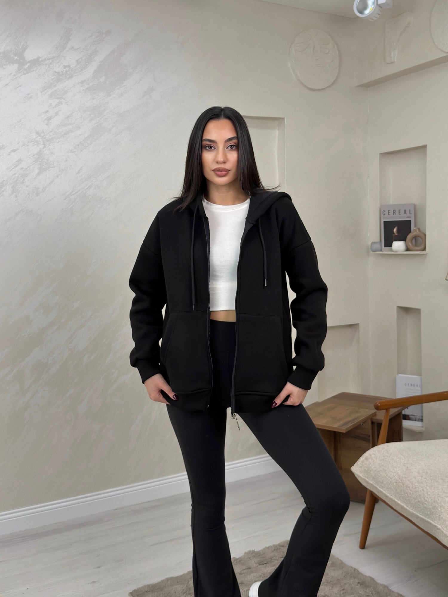Rhonda Siyah Renkli Fermuarlı Kadın Kapşonlu Sweatshirt | miraylawear