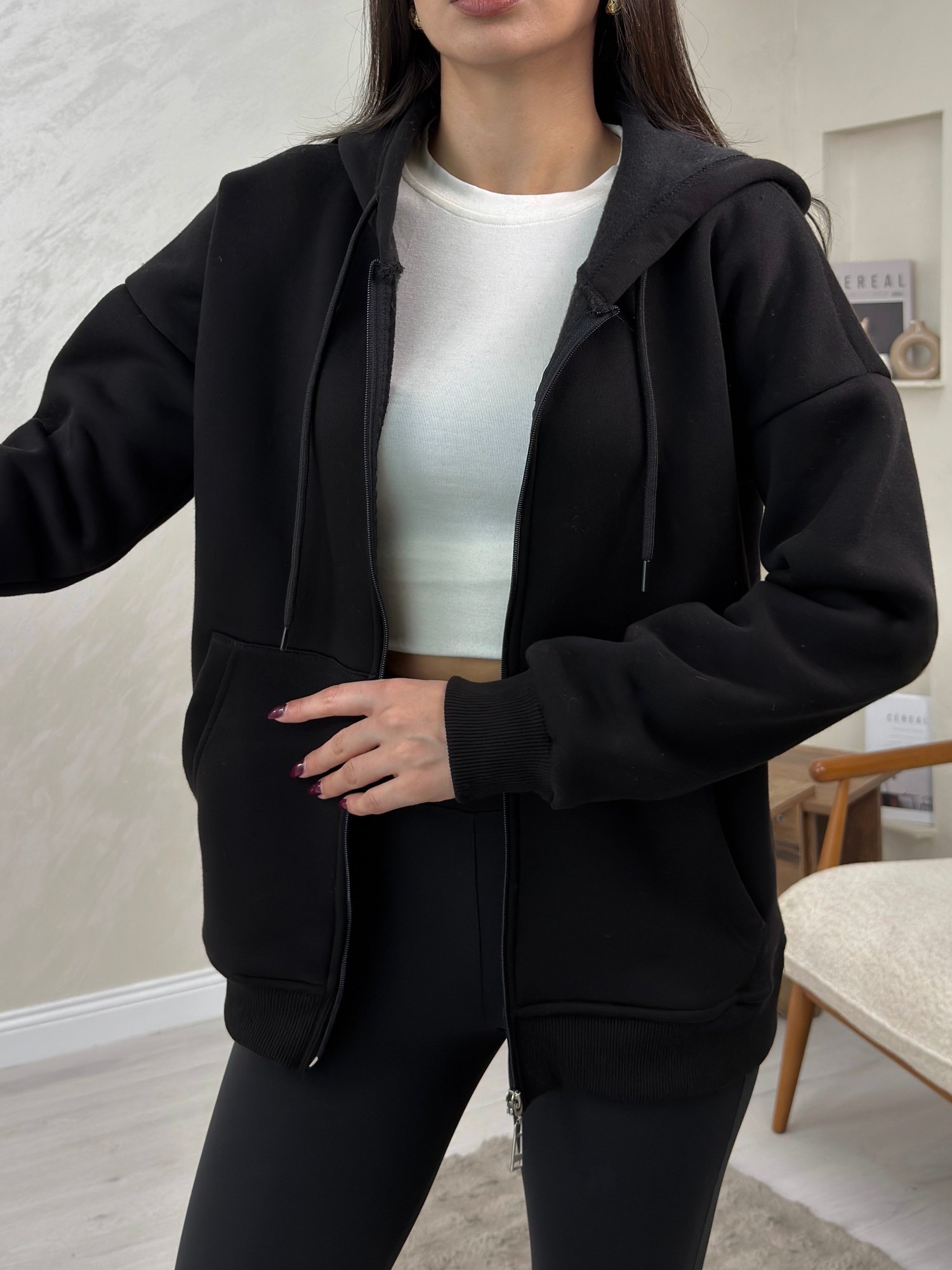 Rhonda Siyah Renkli Fermuarlı Kadın Kapşonlu Sweatshirt | miraylawear