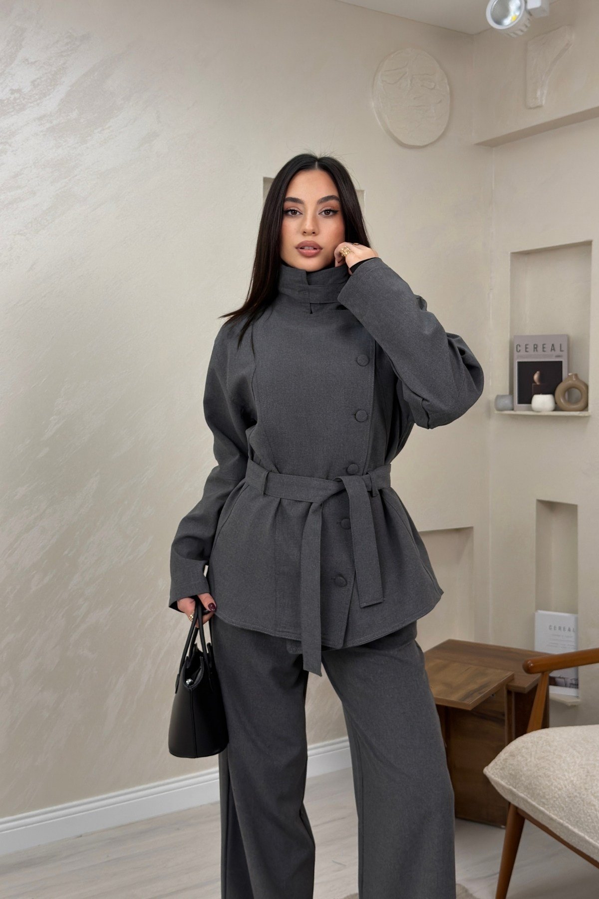 Ruby Gri Renkli Kuşaklı Ceket Pantolon Kadın Takım | miraylawear