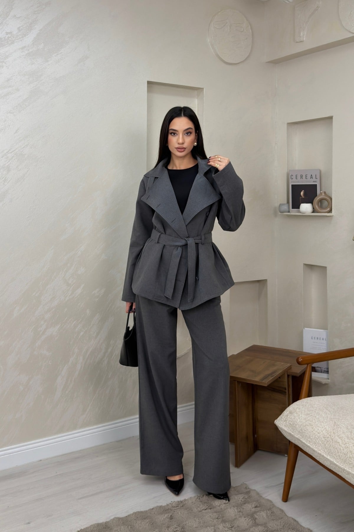Ruby Gri Renkli Kuşaklı Ceket Pantolon Kadın Takım | miraylawear