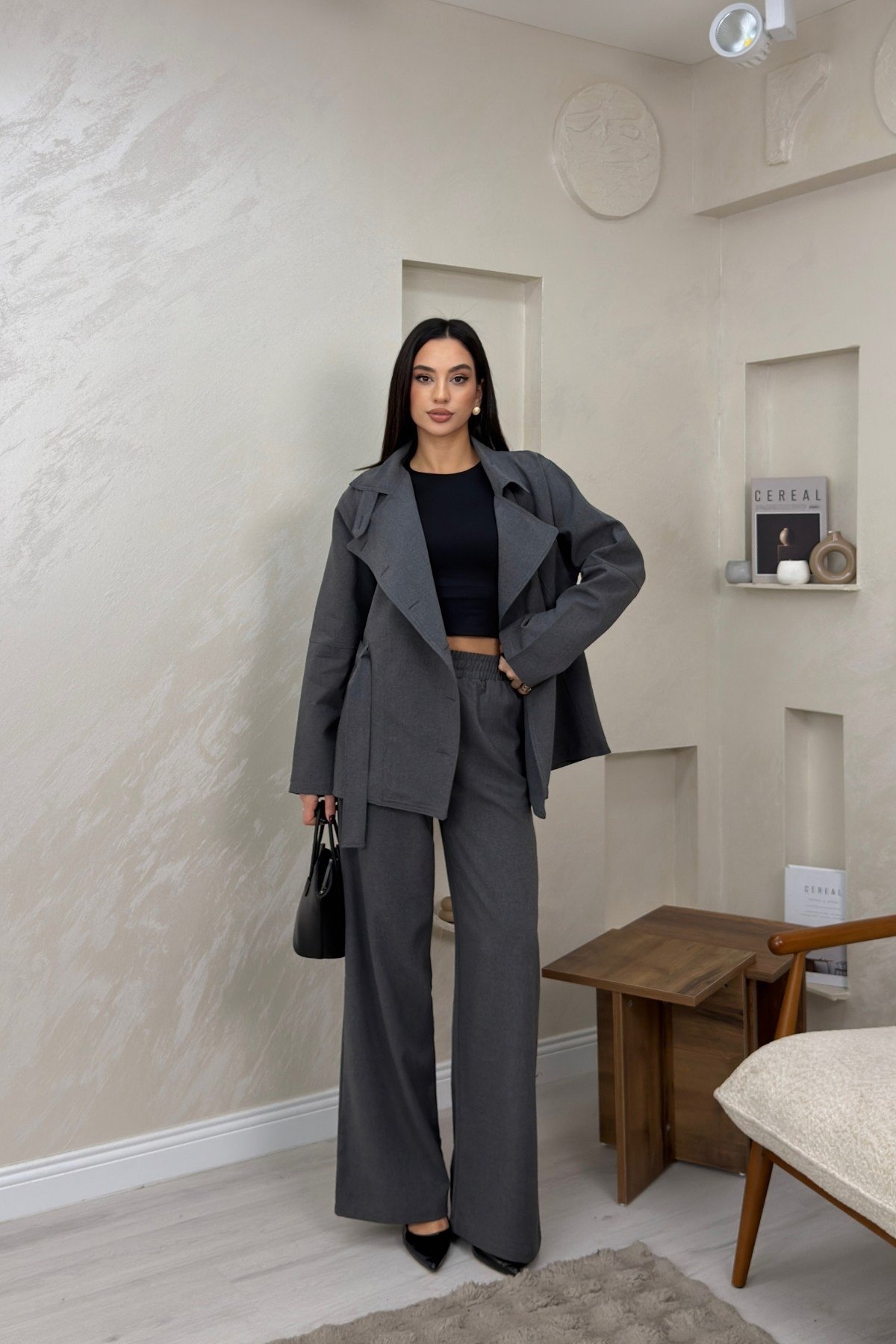 Ruby Gri Renkli Kuşaklı Ceket Pantolon Kadın Takım | miraylawear