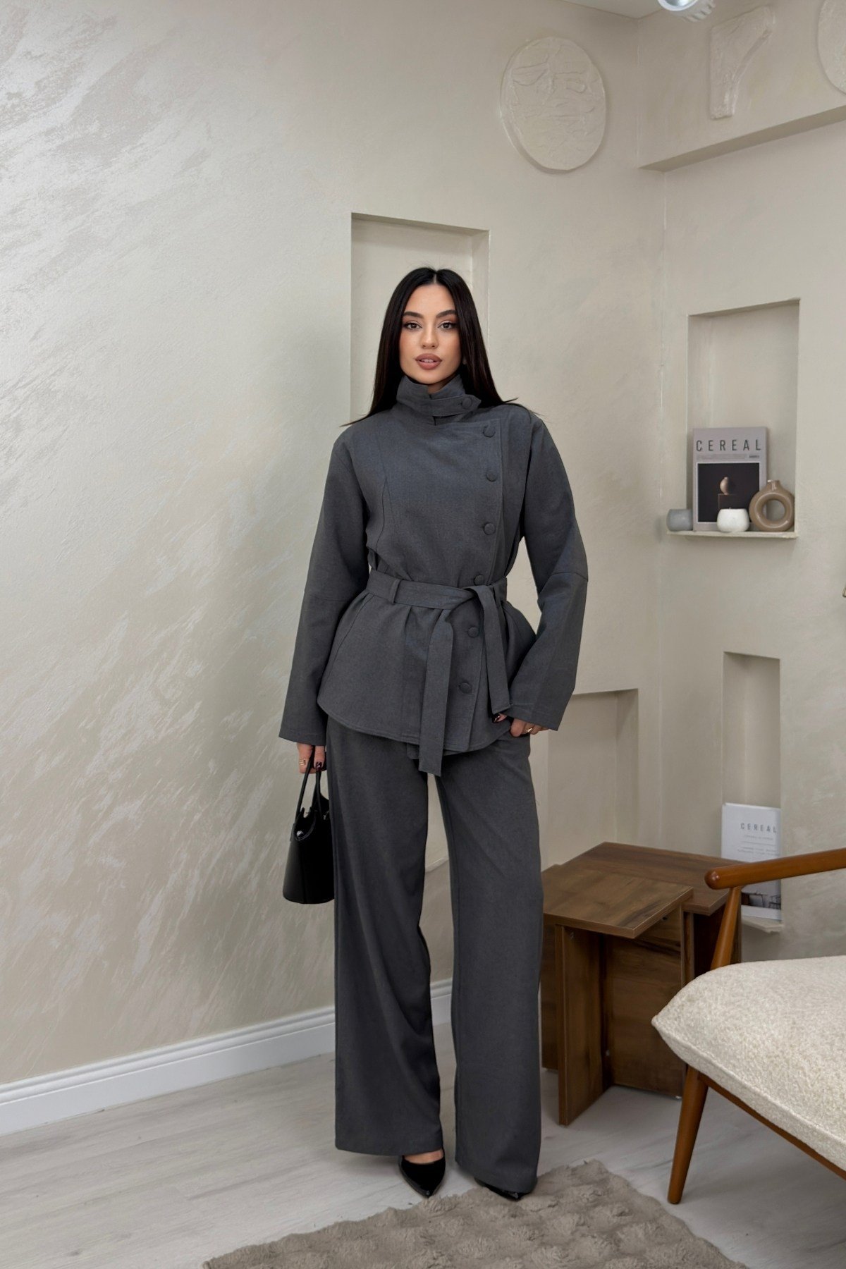 Ruby Gri Renkli Kuşaklı Ceket Pantolon Kadın Takım | miraylawear