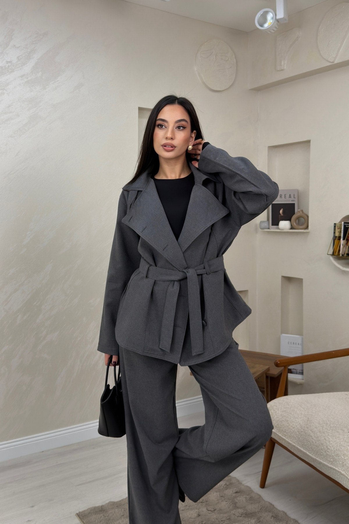 Ruby Gri Renkli Kuşaklı Ceket Pantolon Kadın Takım | miraylawear