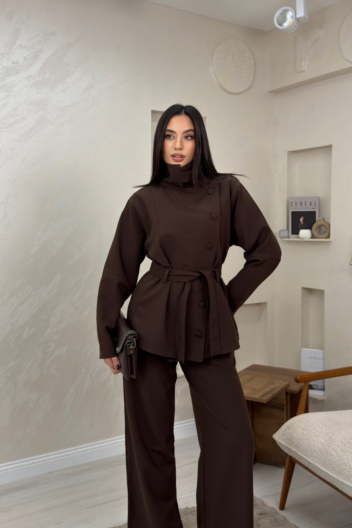Ruby Kahve Renkli Kuşaklı Ceket Pantolon Kadın Takım | miraylawear