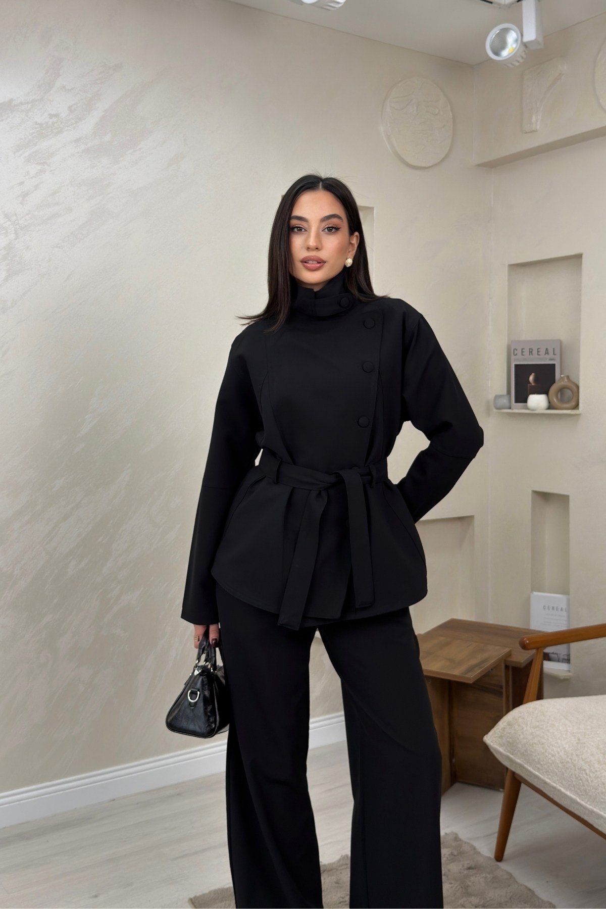 Ruby Siyah Renkli Kuşaklı Ceket Pantolon Kadın Takım | miraylawear