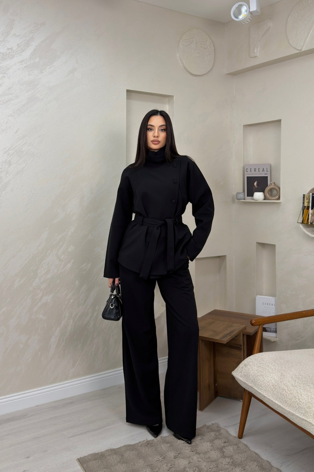 Ruby Siyah Renkli Kuşaklı Ceket Pantolon Kadın Takım | miraylawear