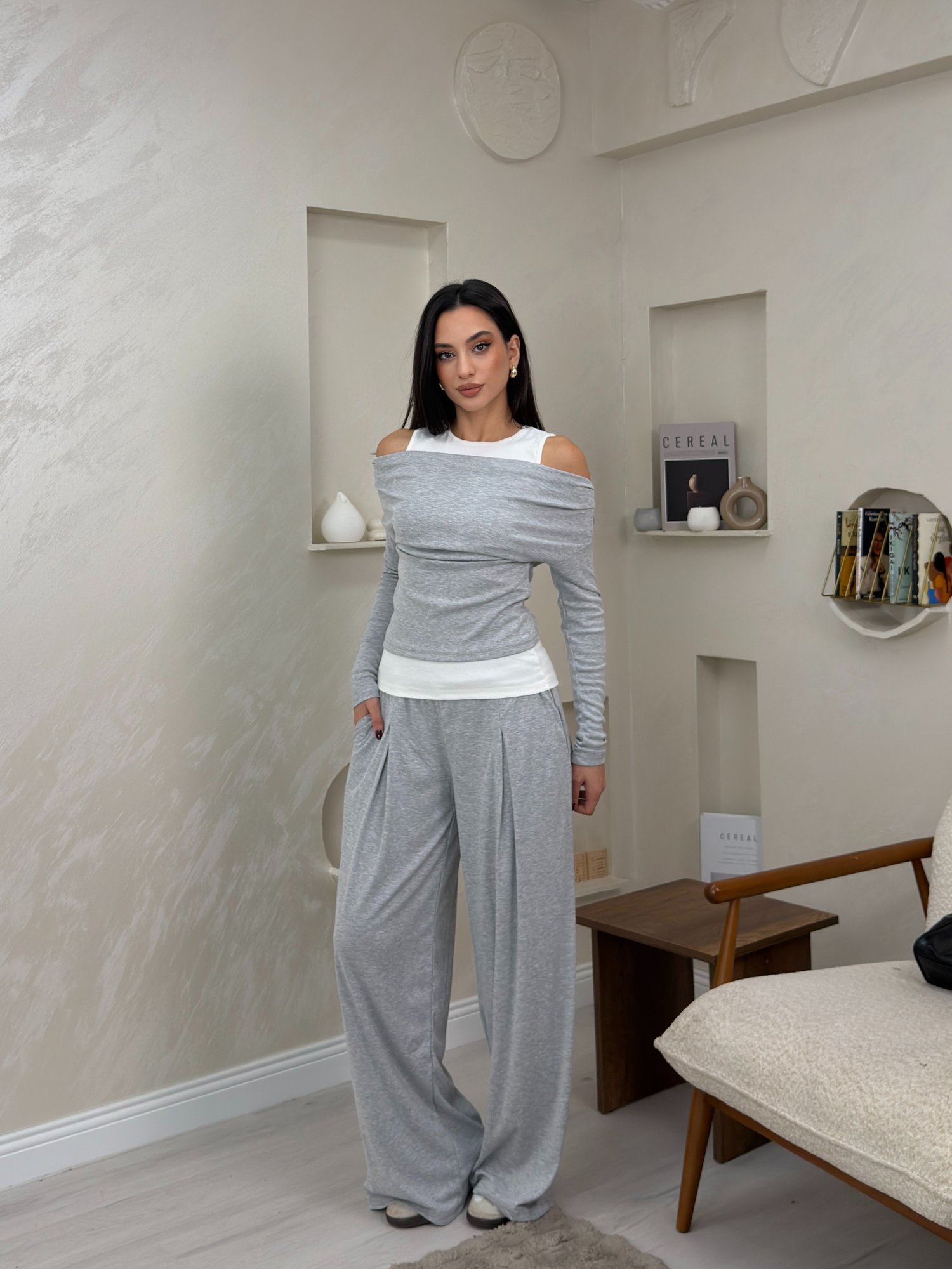 Tessa Gri Omuz Açık Bluz Bol Paça Pantolon Kadın Takım | miraylawear