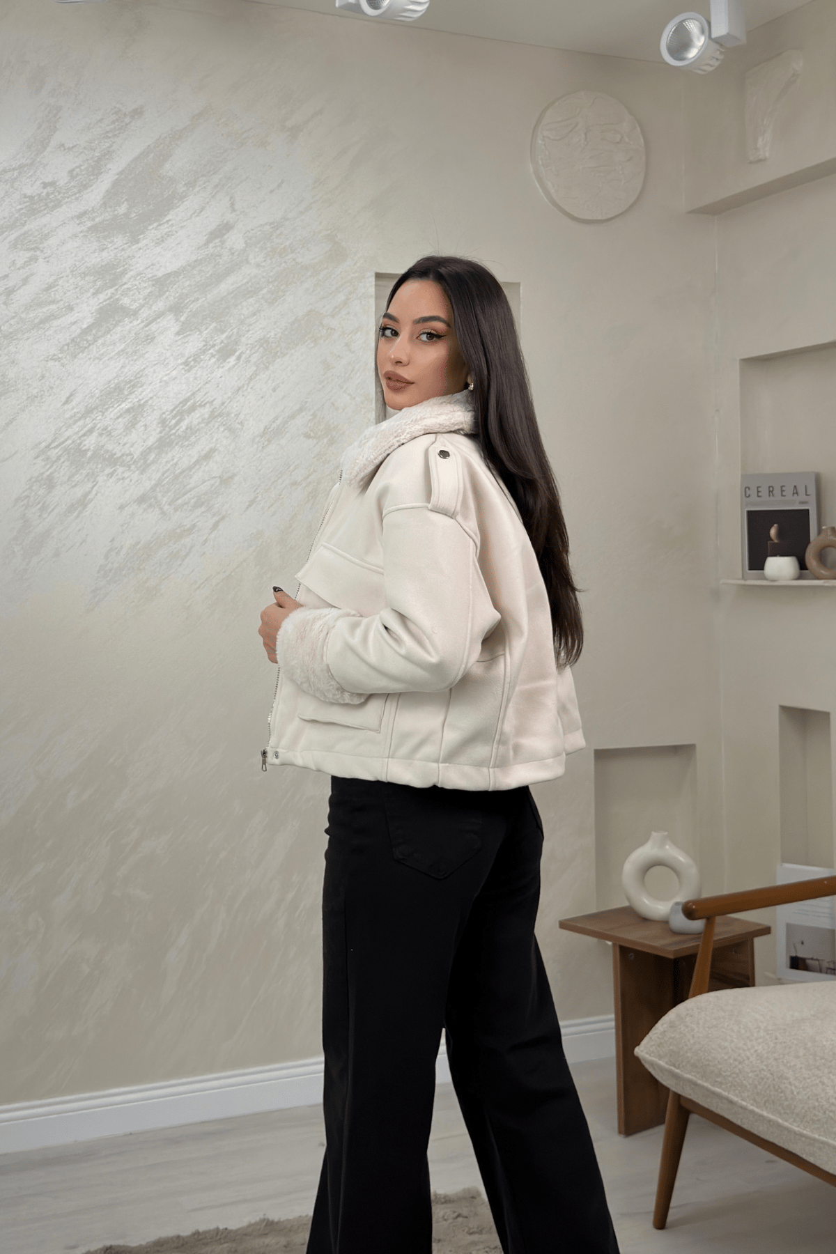 Vanessa Bej Renkli Kurk Yaka Detaylı Kadın Mont | miraylawear