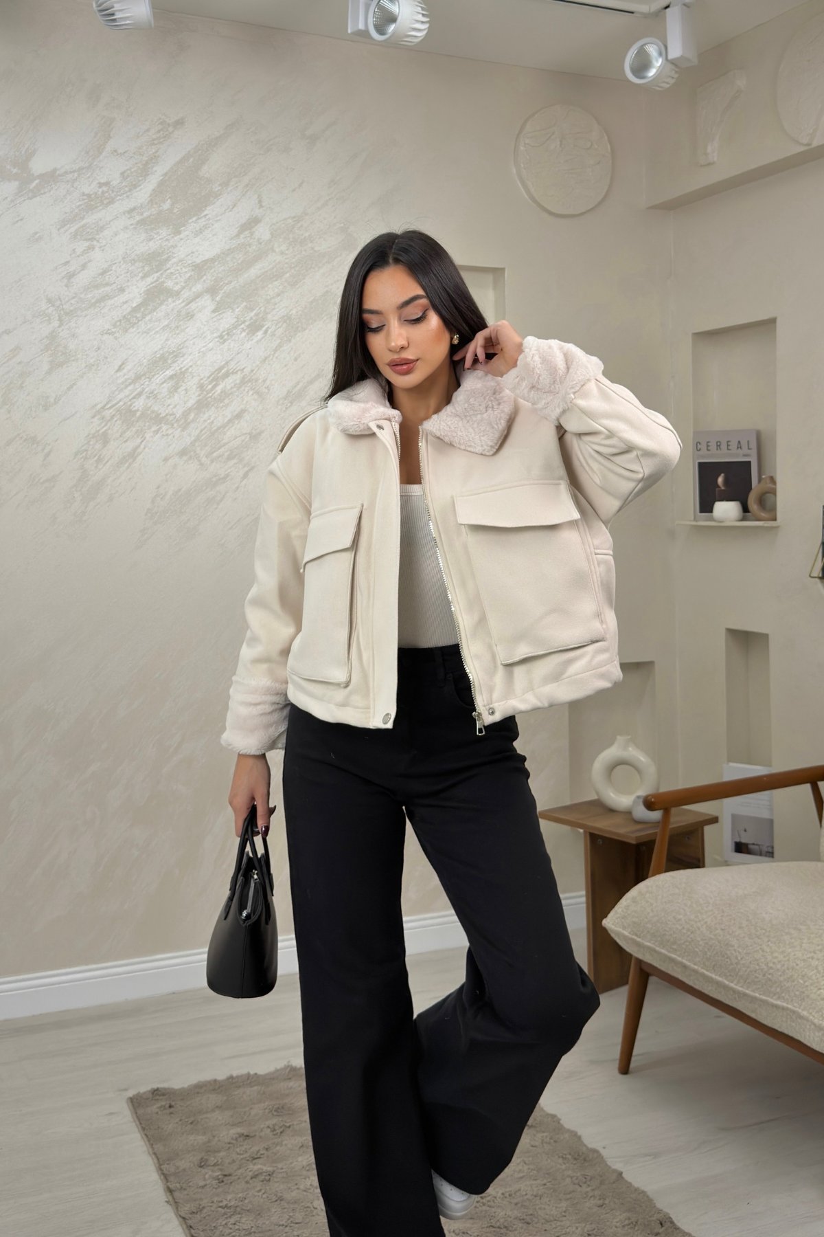 Vanessa Bej Renkli Kurk Yaka Detaylı Kadın Mont | miraylawear