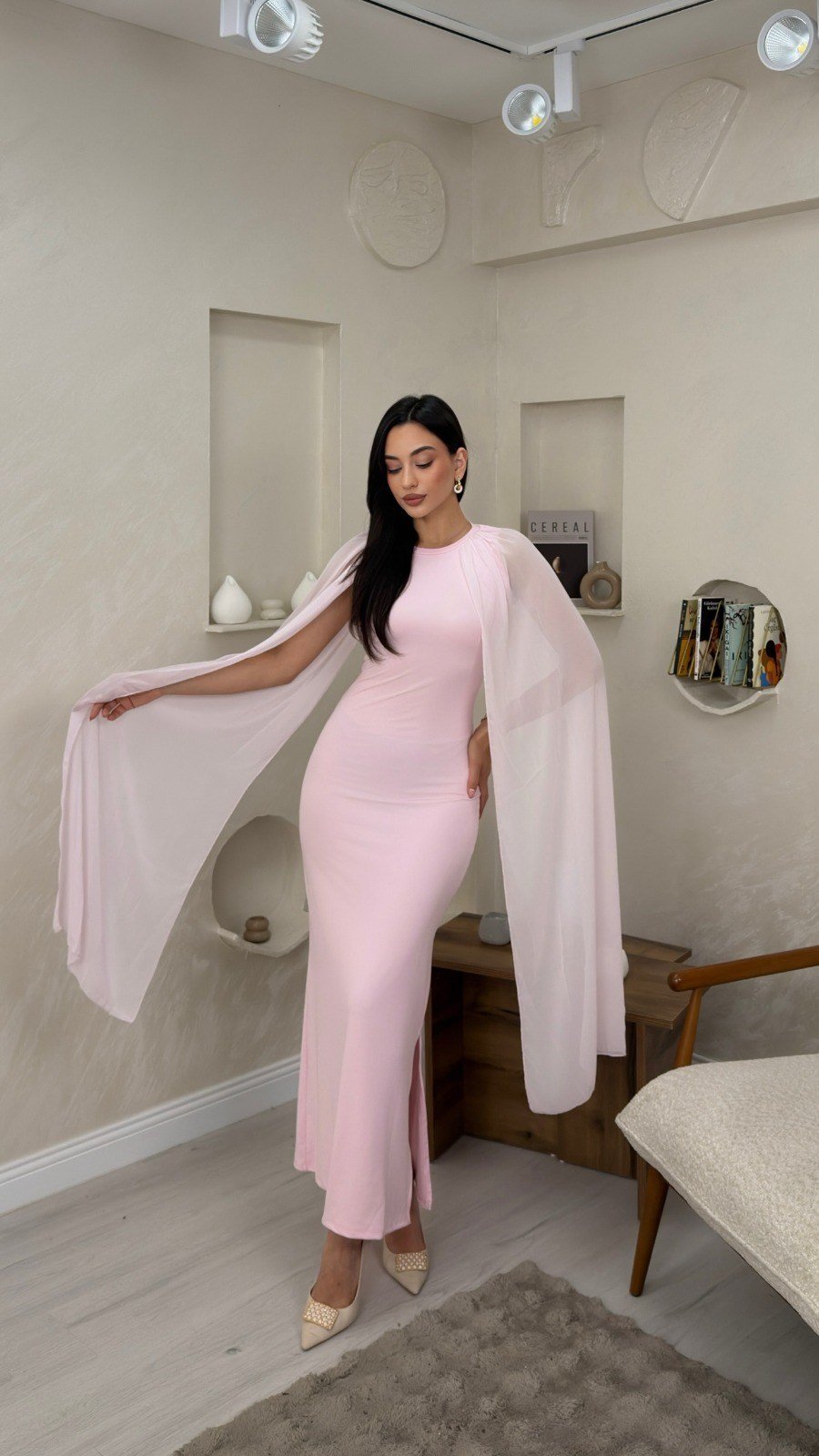 VİOLET PEMBE  RENKLİ TÜL PELERİN DETAYLI KADIN MAXİ ELBİSE