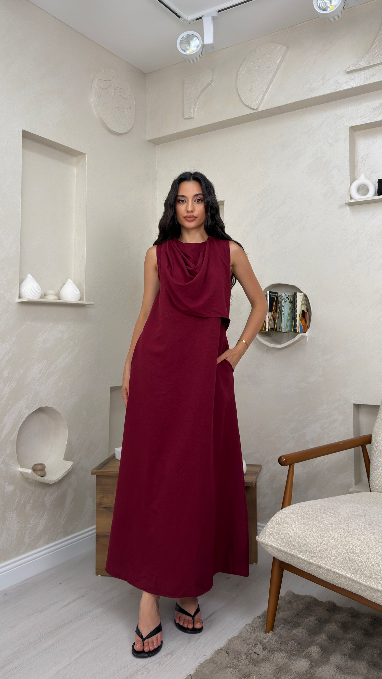 WENDY BORDO RENKLİ ŞAL DETAYLI KADIN MAXİ ELBİSE