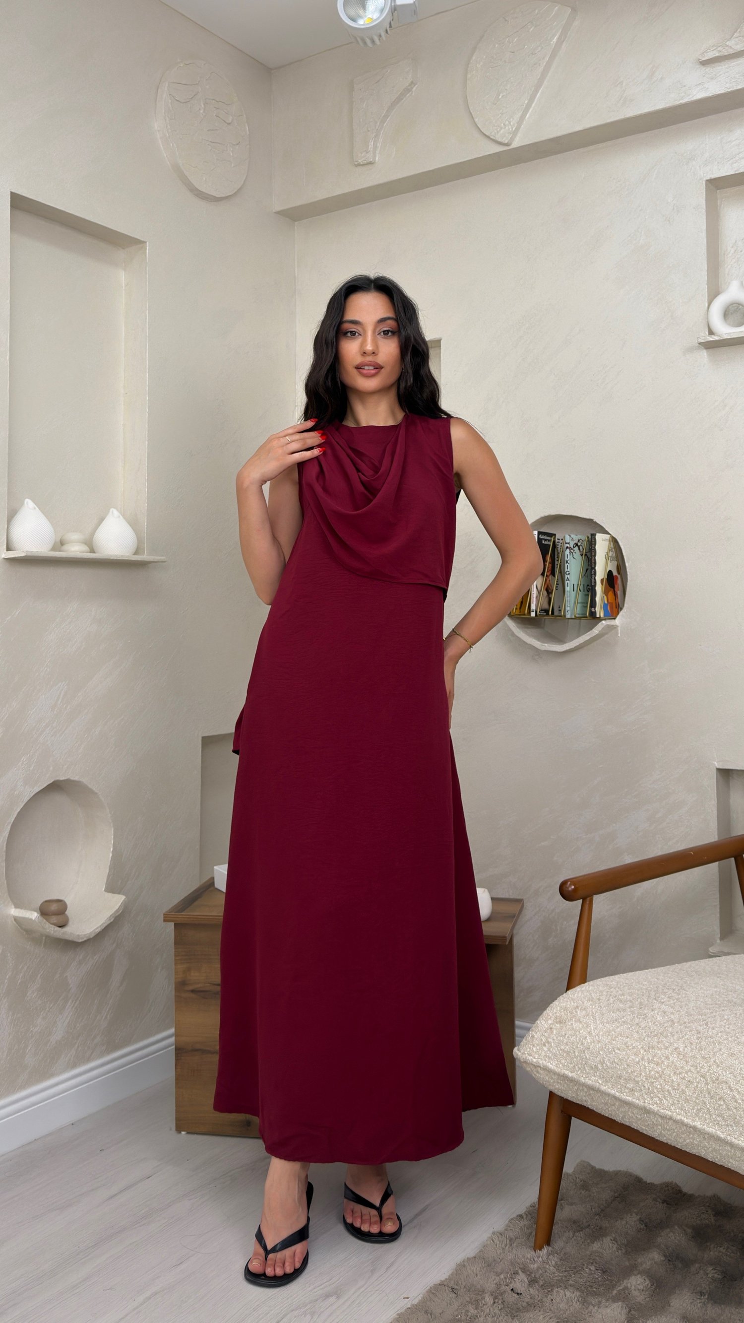 WENDY BORDO RENKLİ ŞAL DETAYLI KADIN MAXİ ELBİSE