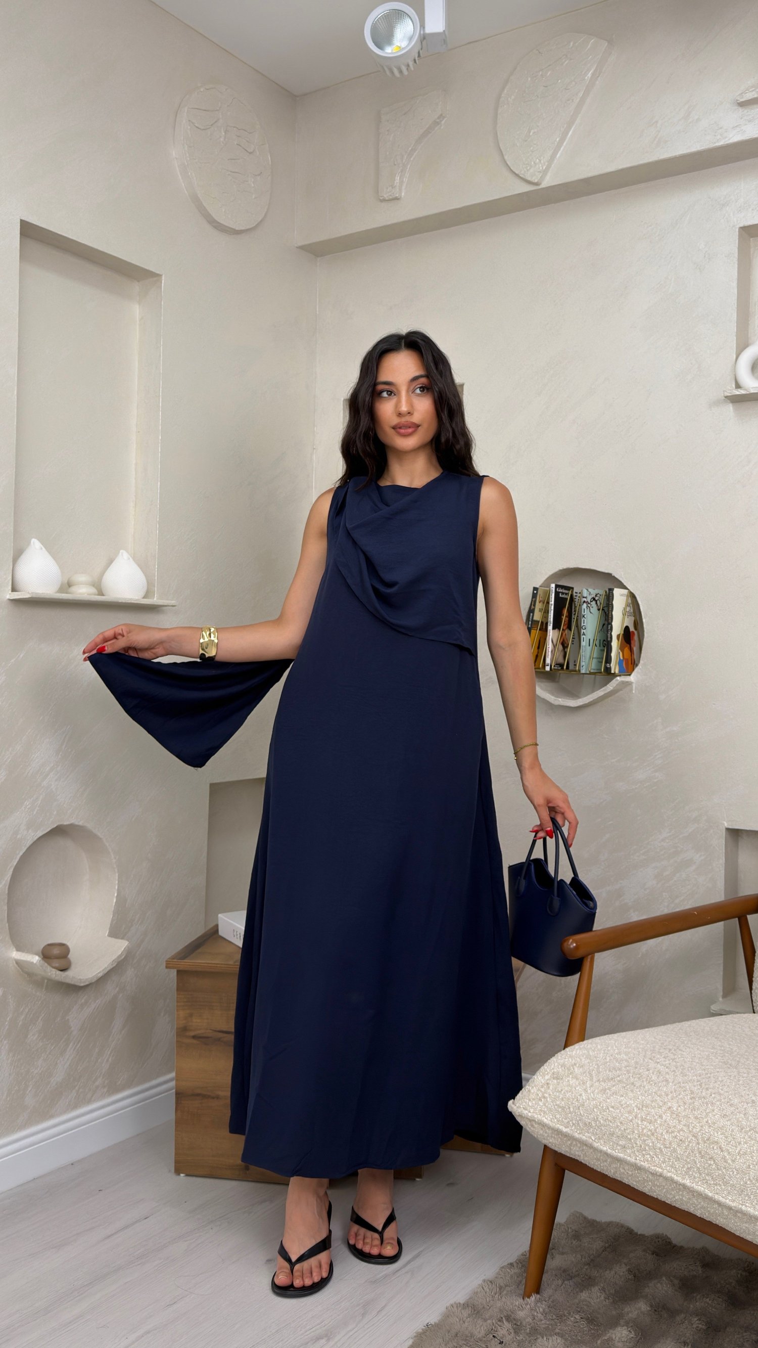 WENDY LACİVERT RENKLİ ŞAL DETAYLI KADIN MAXİ ELBİSE