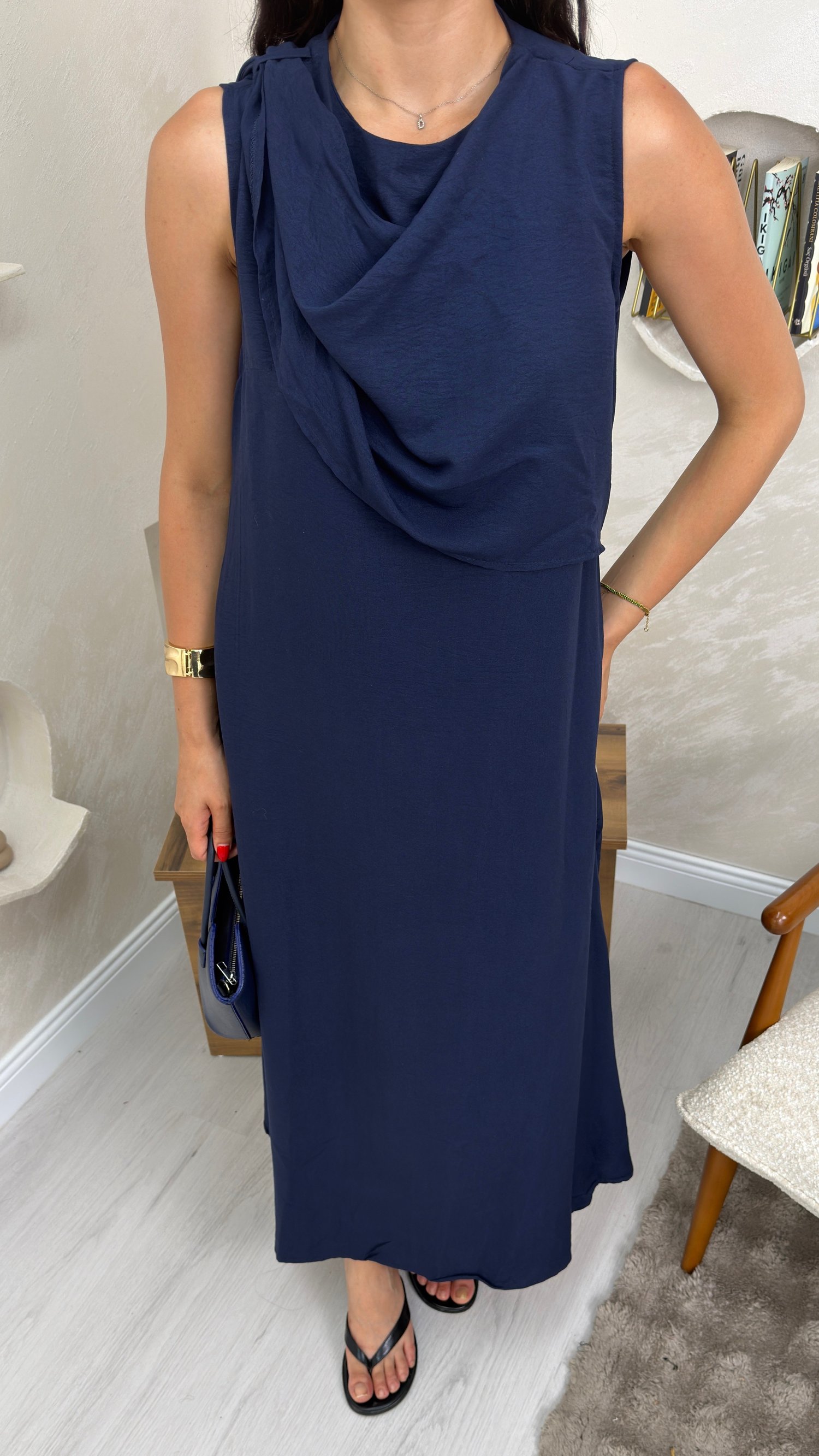 WENDY LACİVERT RENKLİ ŞAL DETAYLI KADIN MAXİ ELBİSE